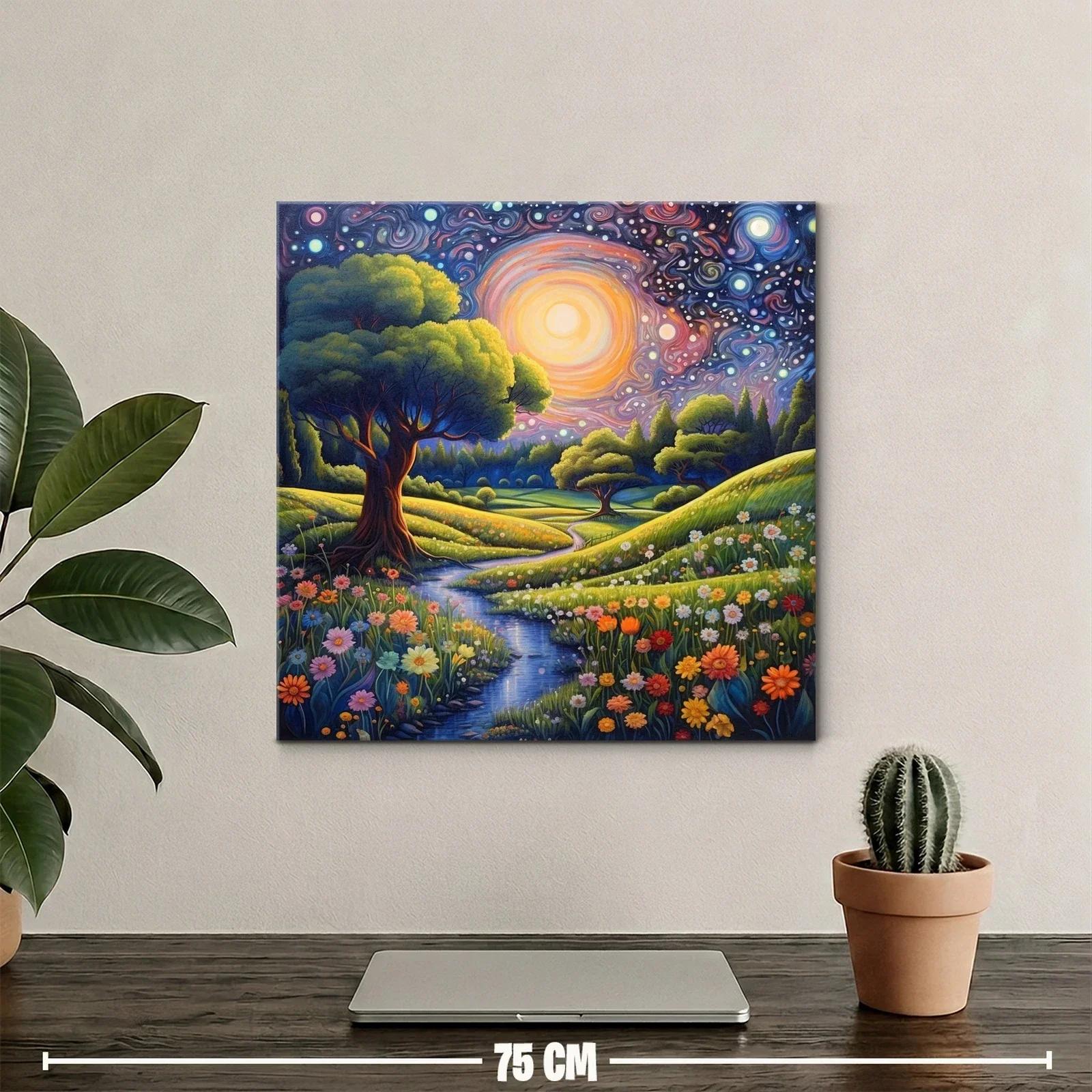 Paisaje nocturno con flores y cielo estrellado vibrante — miniatura 2