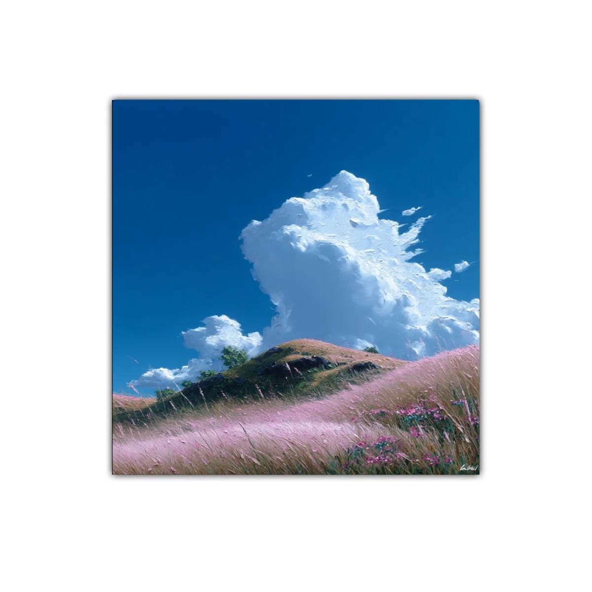 Paisaje sereno con pradera y nubes blancas en cielo azul — miniatura 1