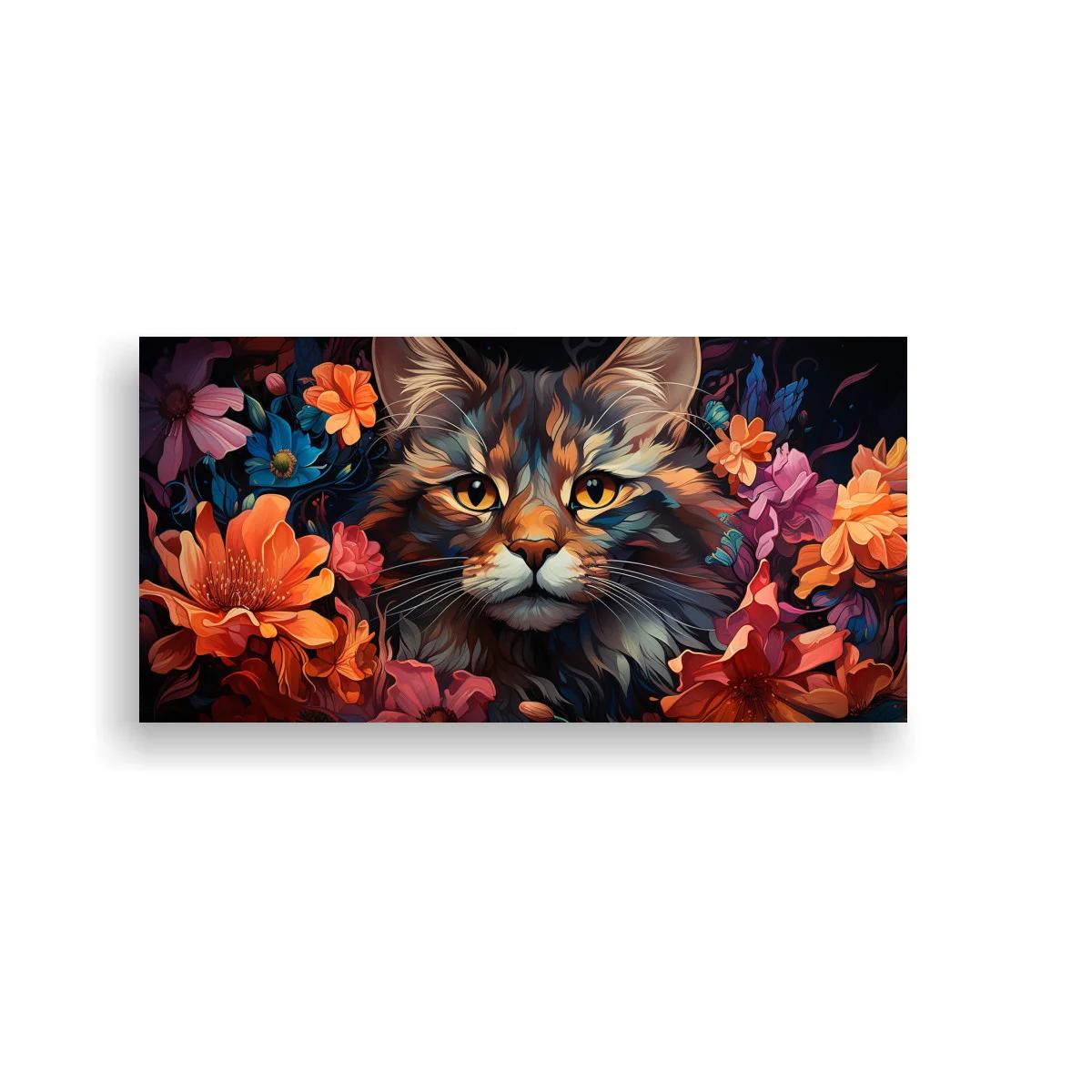 Cuadro gato de pelo largo con flores y fondo oscuro