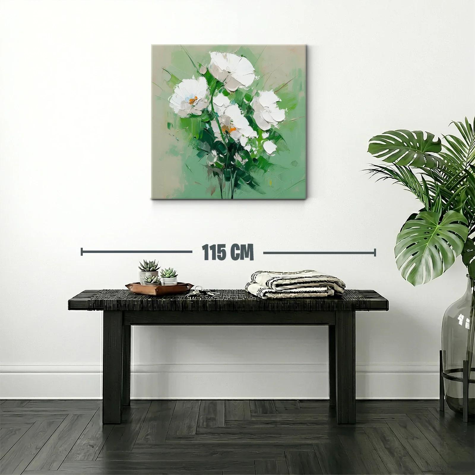 Cuadro flores blancas sobre fondo verde suave — miniatura 2