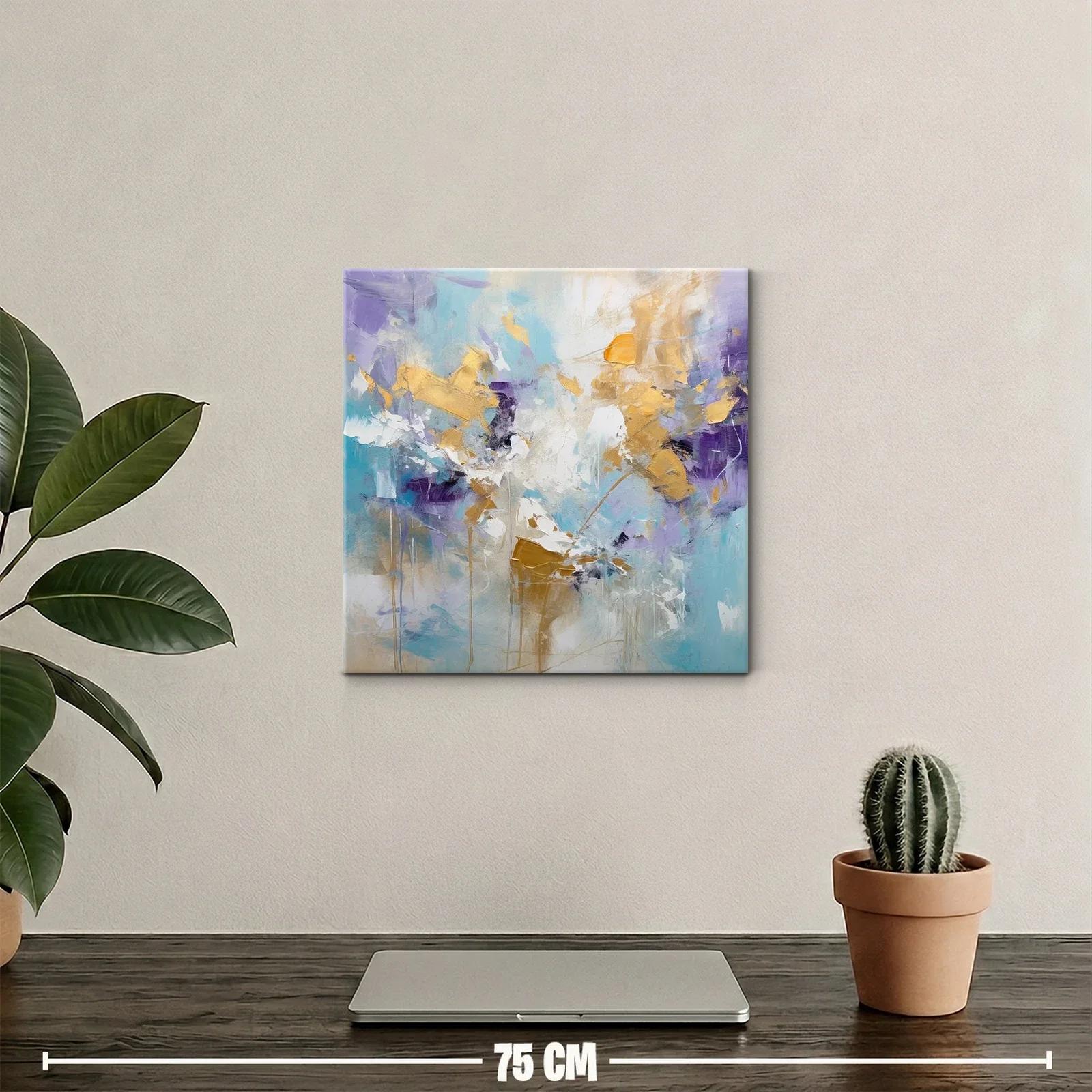 Cuadro abstracto con dorados y tonos fríos vibrantes — miniatura 2