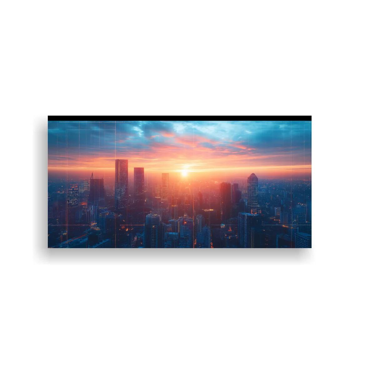 Cuadro skyline urbano al atardecer con sol dorado — imagen principal