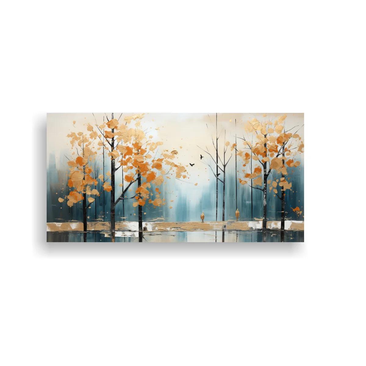 Cuadro bosque de árboles otoñales con reflejos y aves