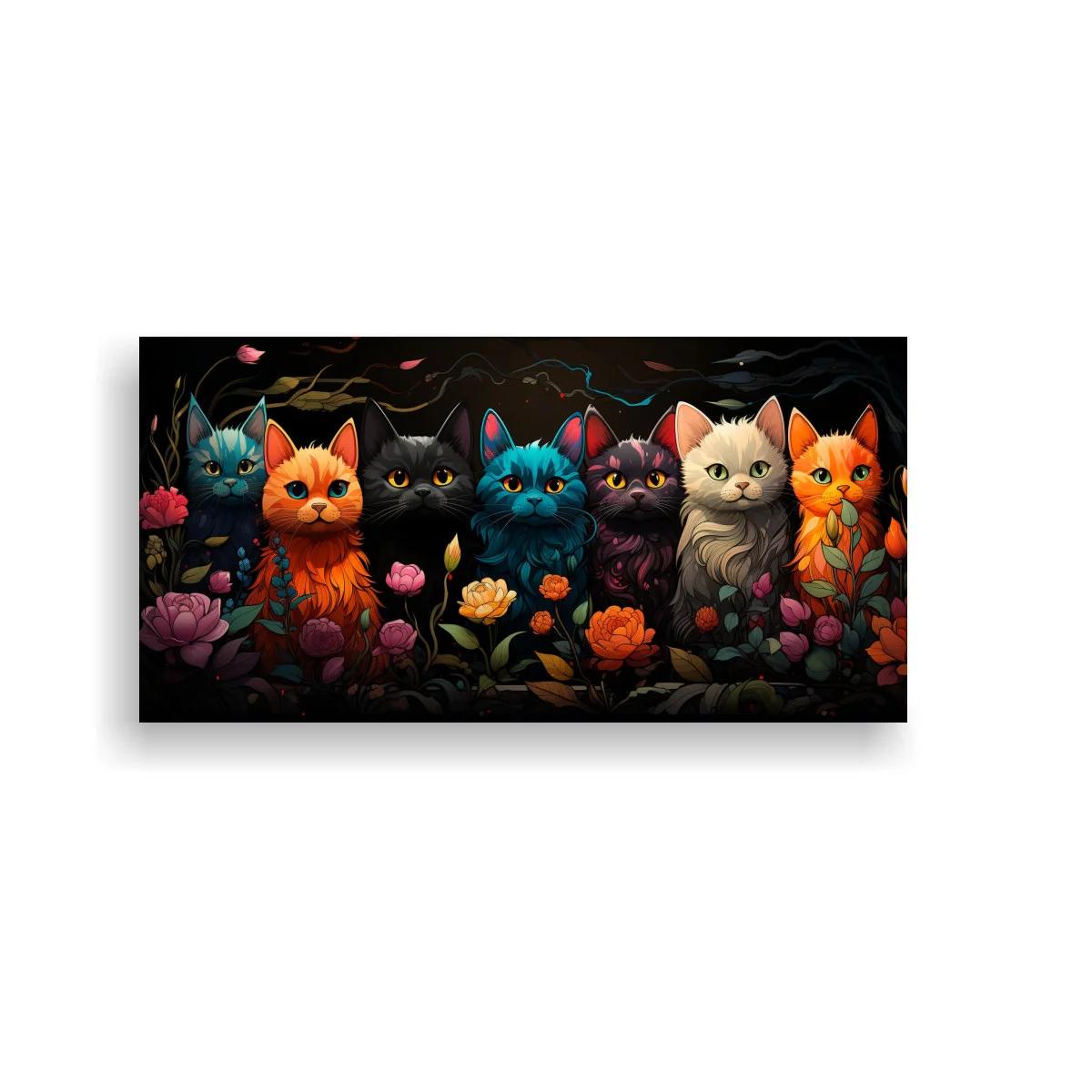 Cuadro seis gatos entre flores y follaje