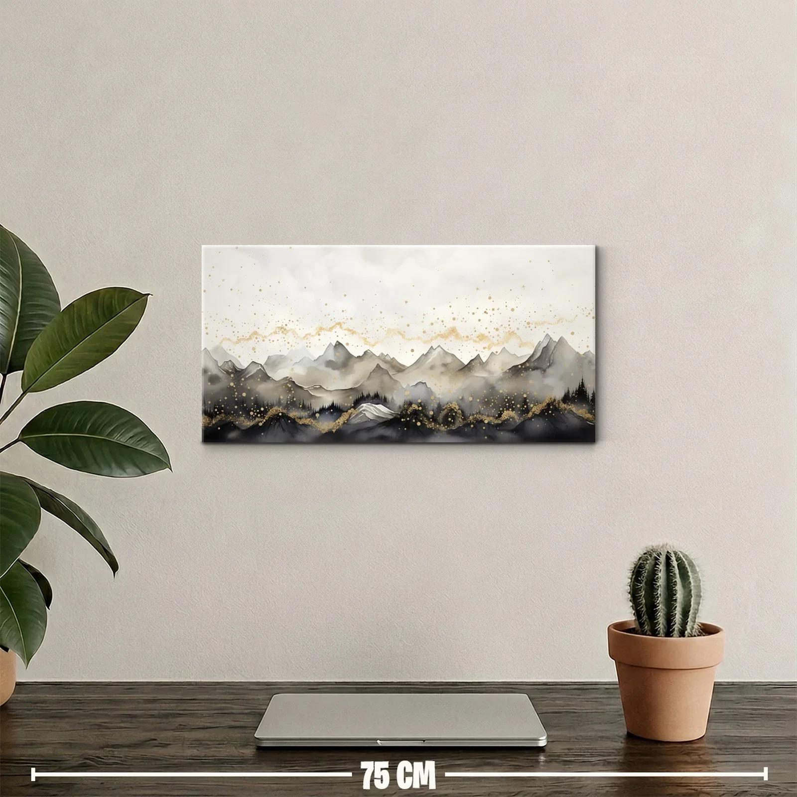Cuadro cordillera de montañas con niebla y acentos dorados — miniatura 2