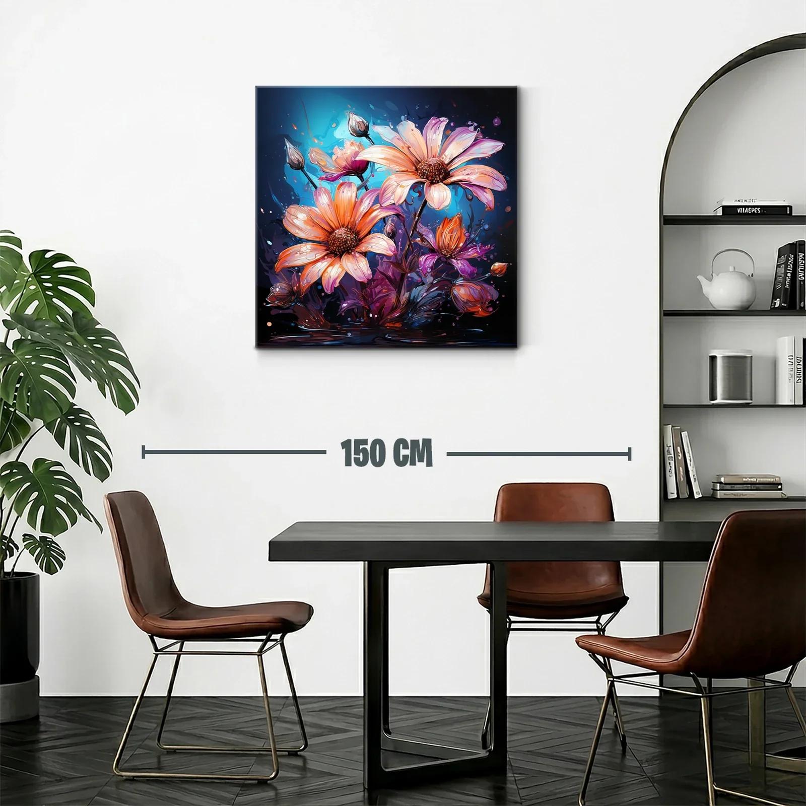 Cuadro con flores vibrantes en tonos cálidos y fondo azul — miniatura 2