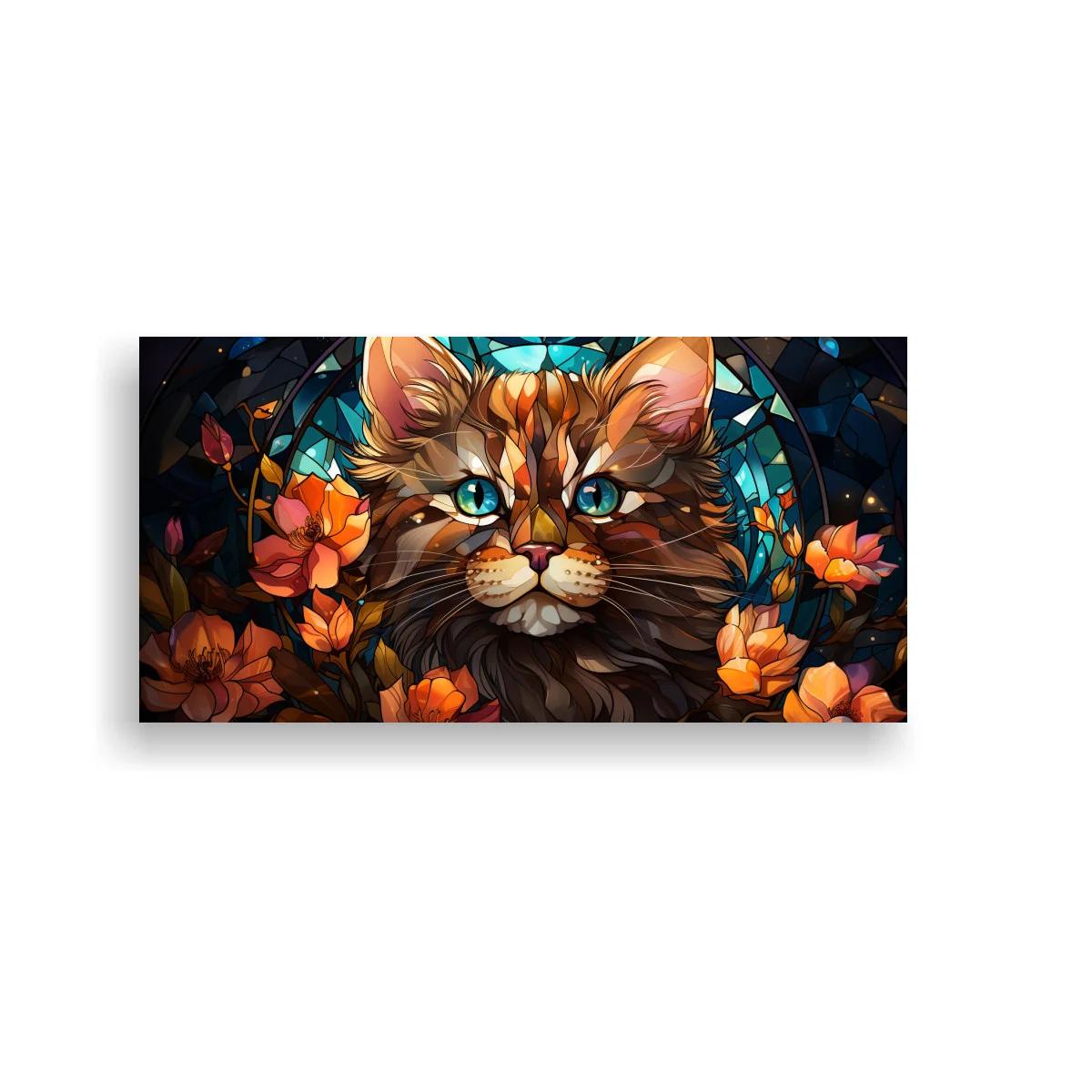 Cuadro gato atigrado de ojos azules con fondo de vidriera — imagen principal