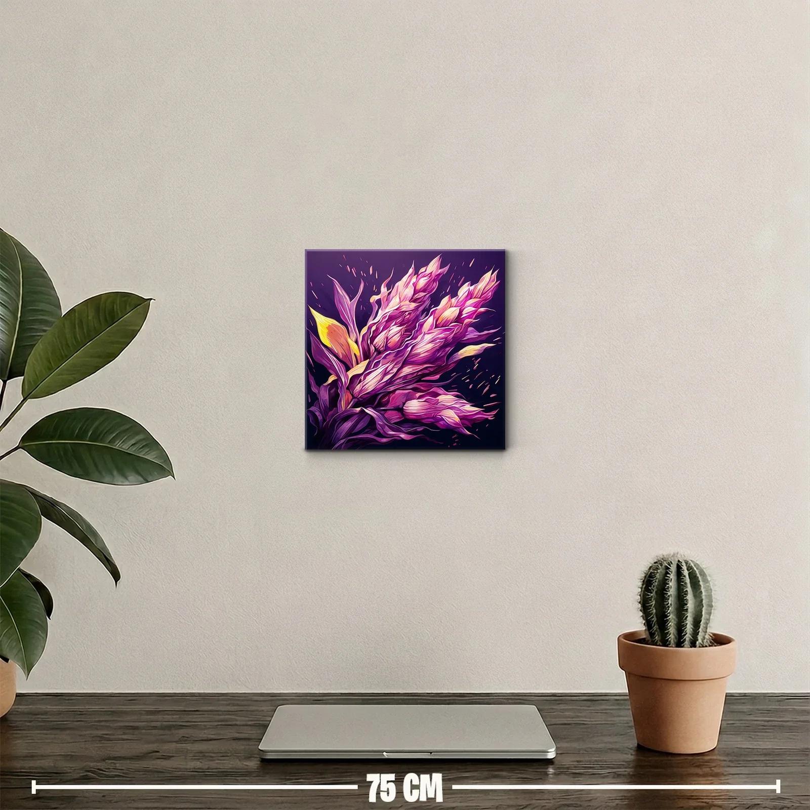 Cuadro floral vibrante con tonos púrpuras y amarillos — miniatura 2