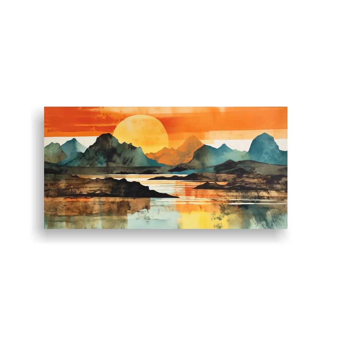 Cuadro paisaje de montañas con gran sol amarillo y lago — imagen principal