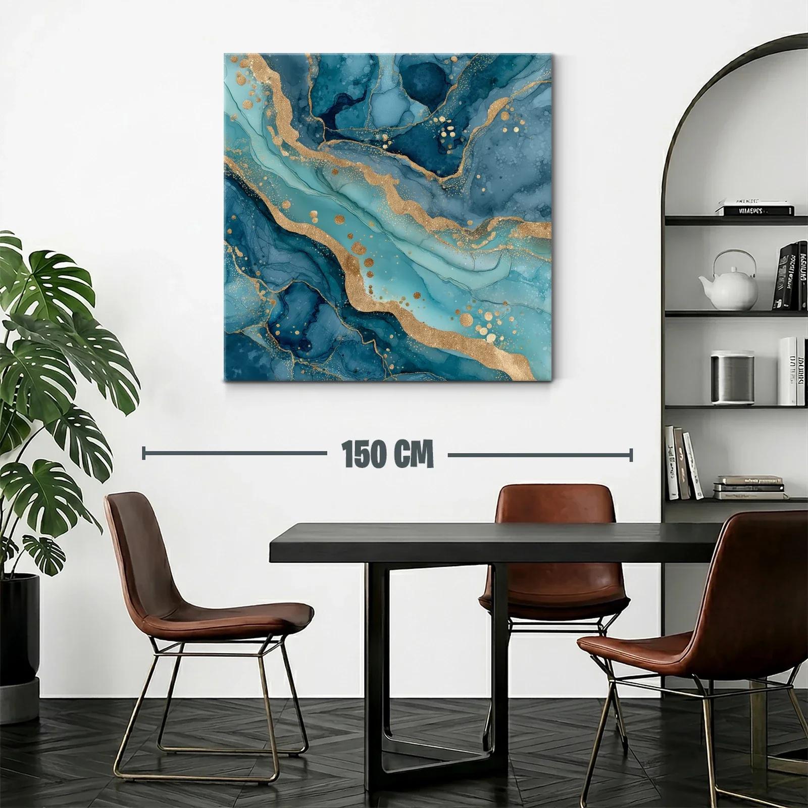Cuadro abstracto con tonos azules y detalles dorados brillantes — miniatura 2