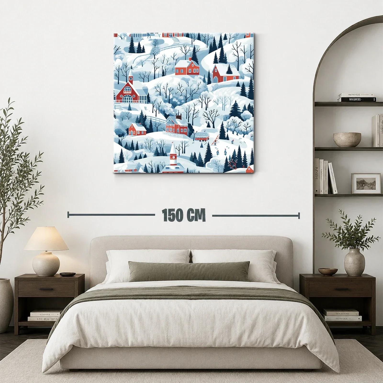 Paisaje invernal con casas rojas en colinas nevadas — miniatura 3
