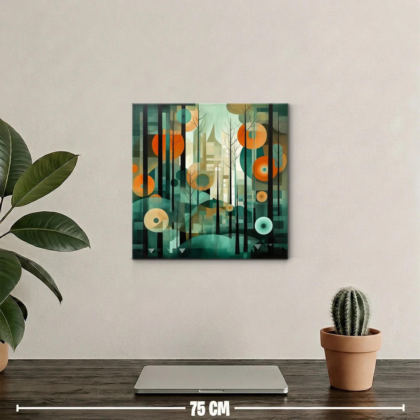 Cuadro abstracto con formas circulares y siluetas de árboles — miniatura 2