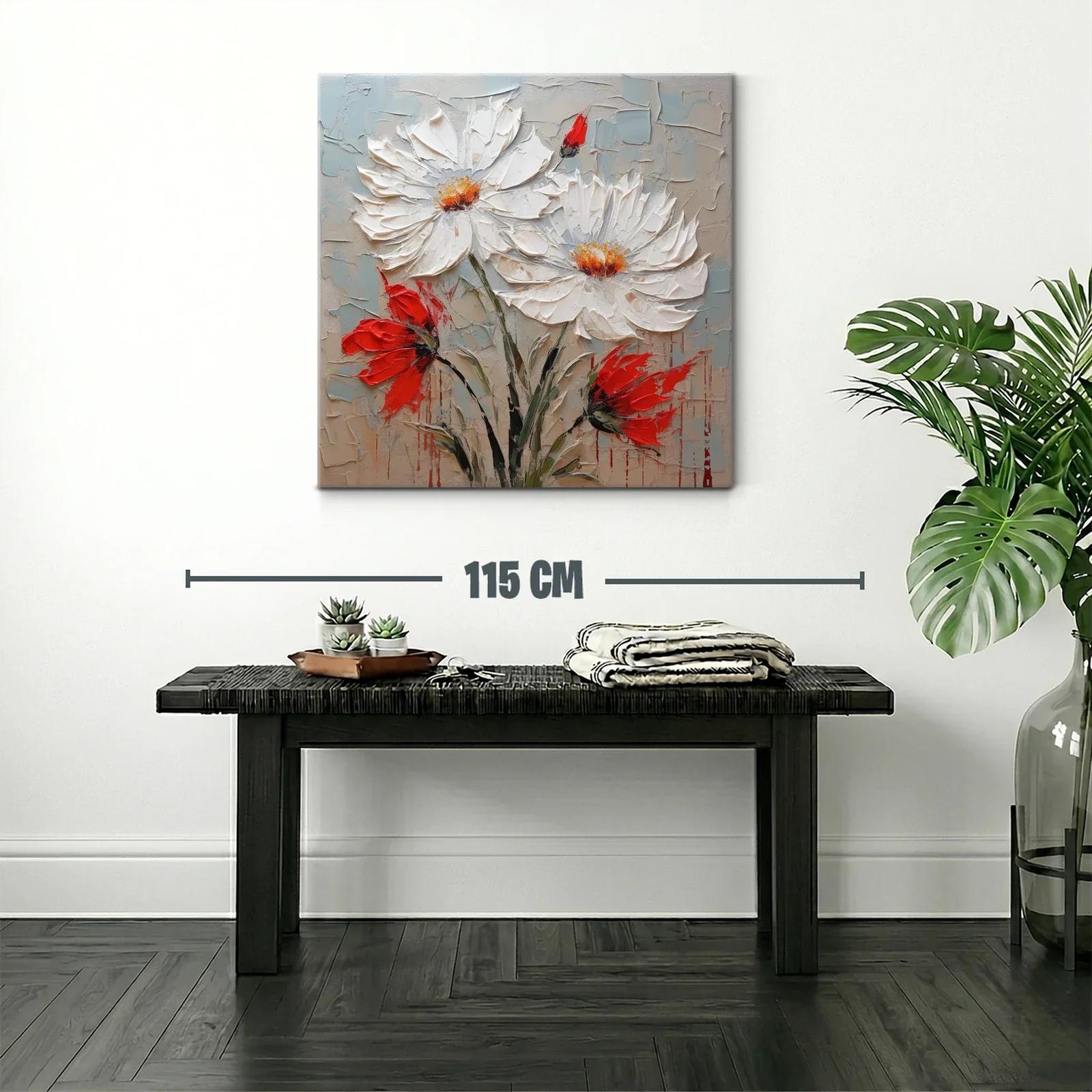 Cuadro floral en relieve con margaritas blancas y acentos rojos — miniatura 2