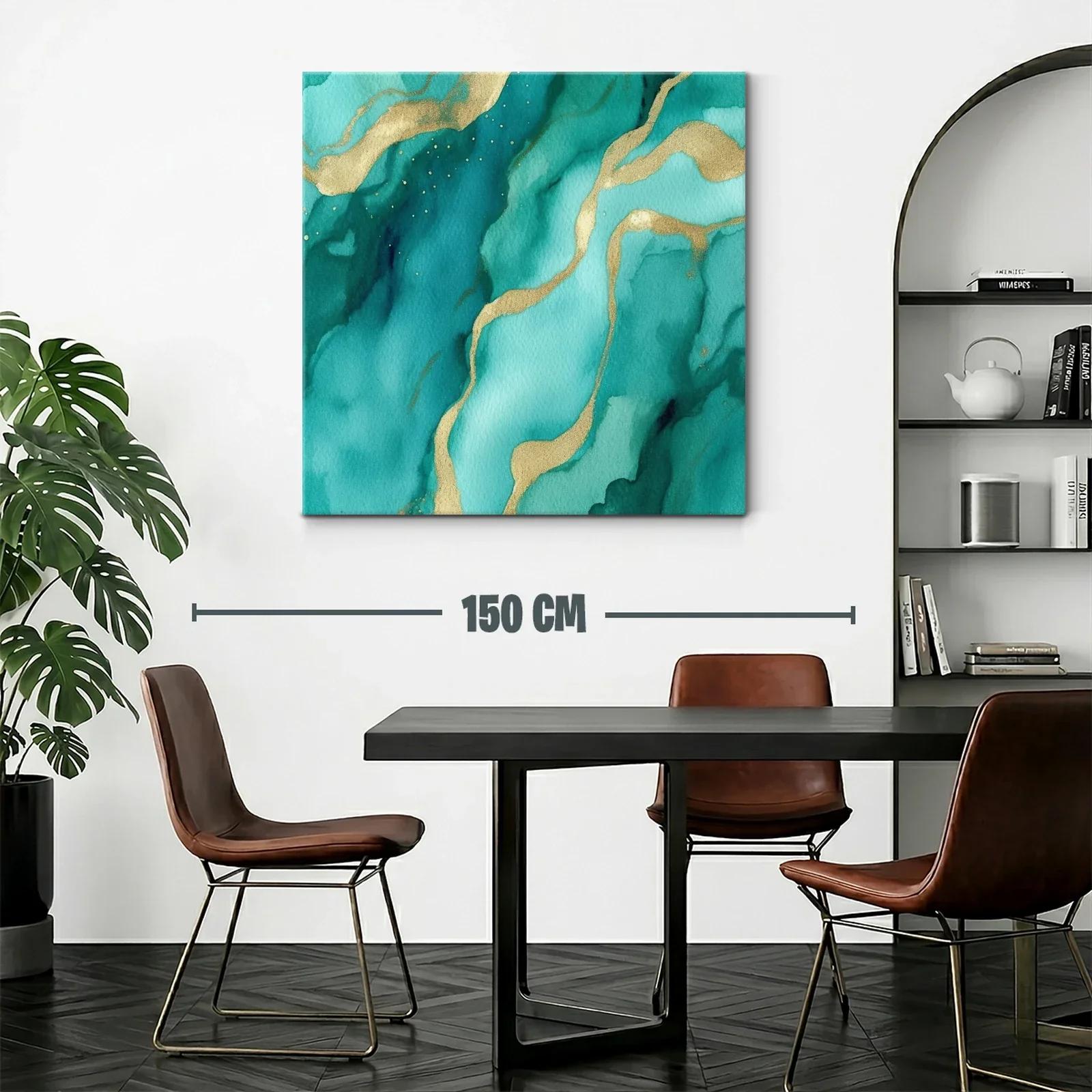 Cuadro abstracto en tonos verdes con detalles dorados — miniatura 2