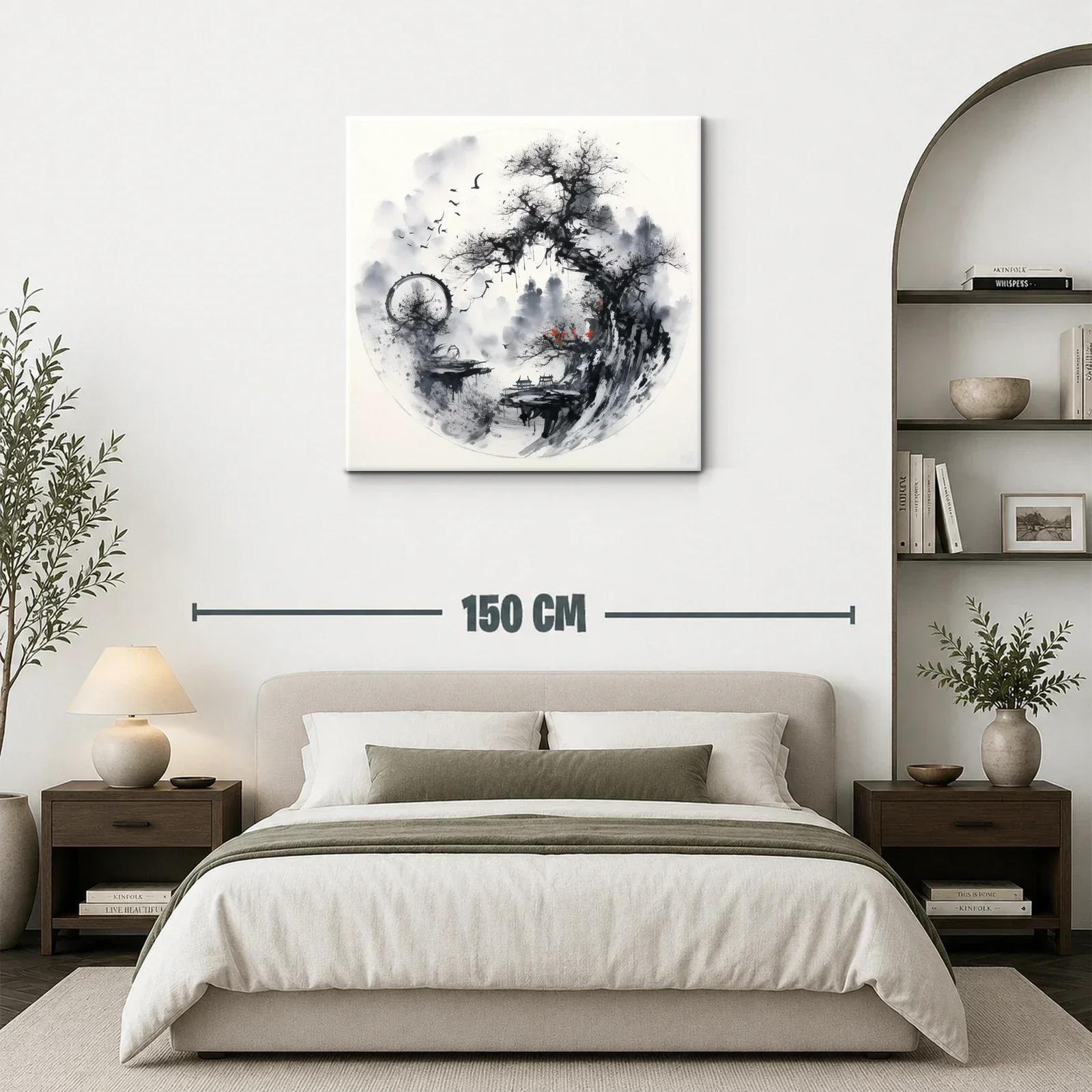 Paisaje asiático con árbol y aves en tonos monocromos — miniatura 3