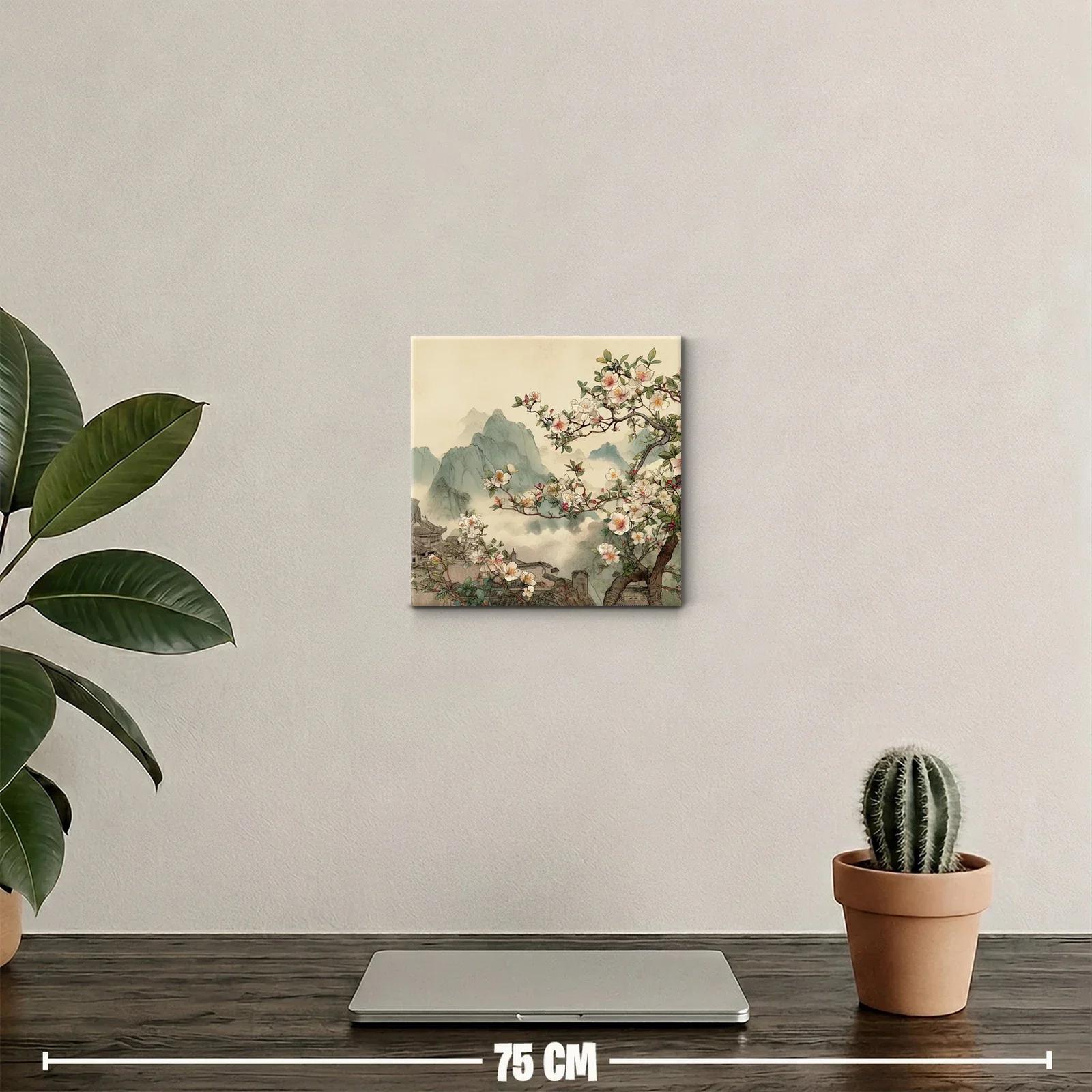 Paisaje oriental con flores de cerezo y montañas brumosas — miniatura 2