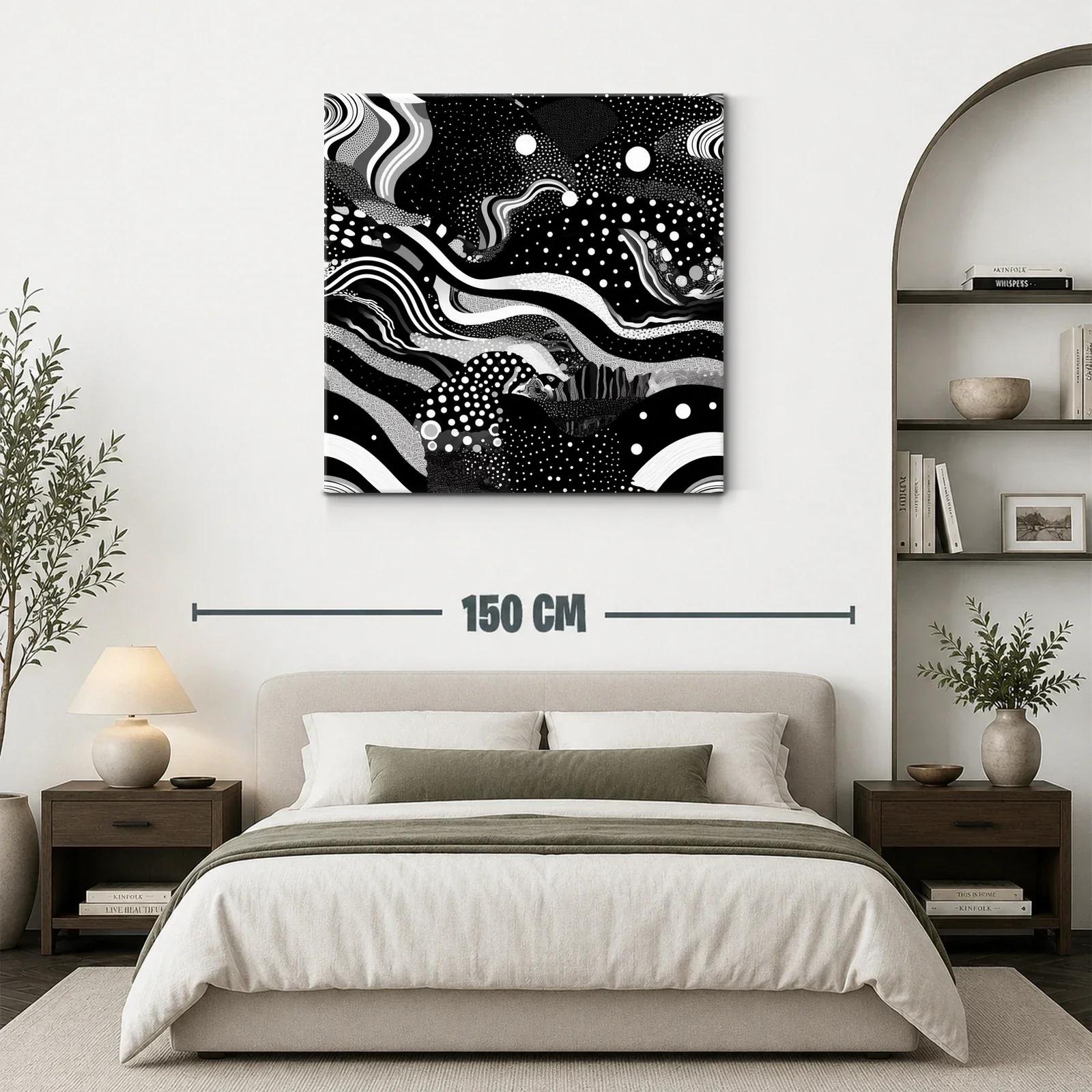 Cuadro abstracto en blanco y negro con formas y puntos dinámicos — miniatura 3