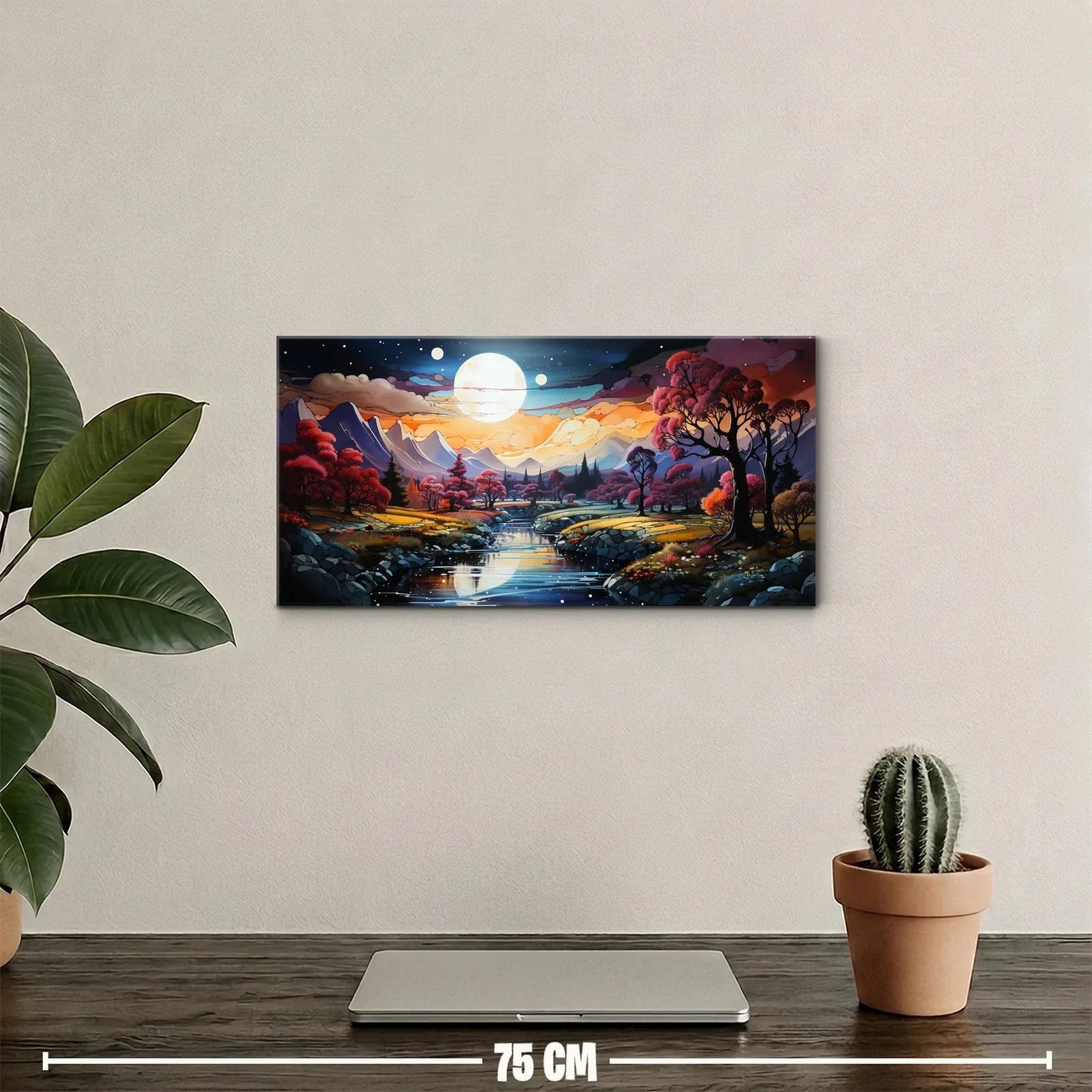 Cuadro paisaje de montaña con luna llena y río reflectante — miniatura 2