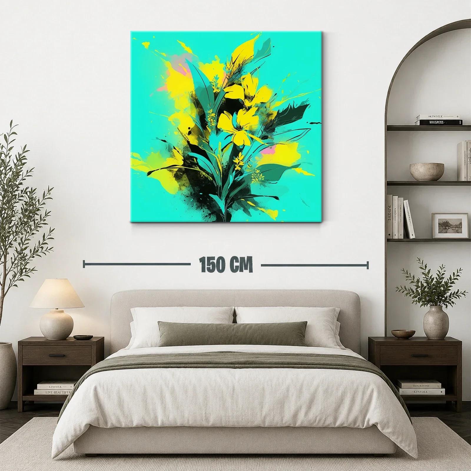 Cuadro moderno con flores amarillas vibrantes y fondo turquesa — miniatura 3