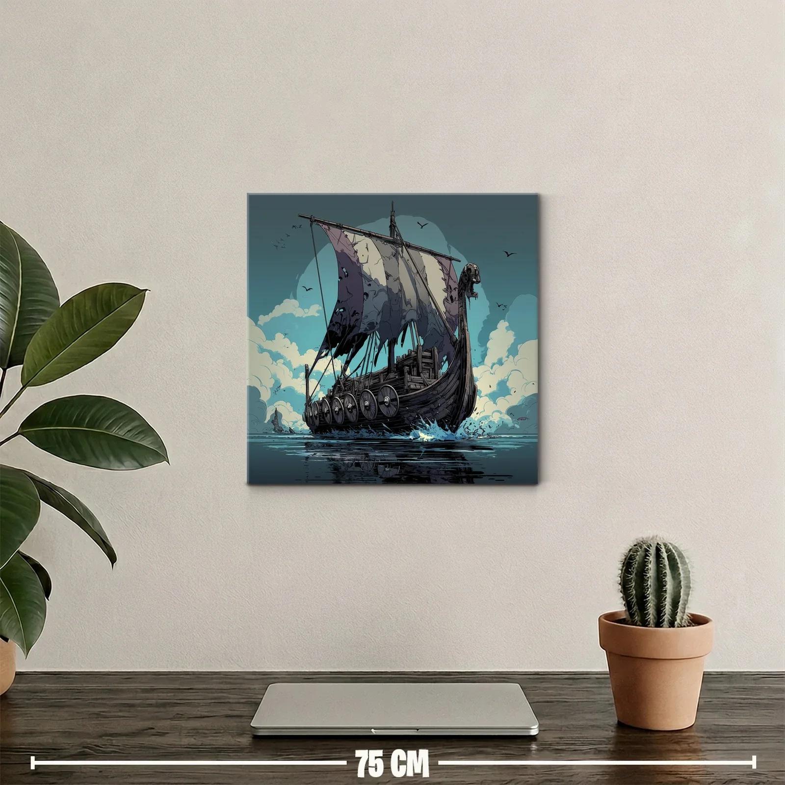 Barco Vikingo surcando el mar con velas desgastadas — miniatura 2