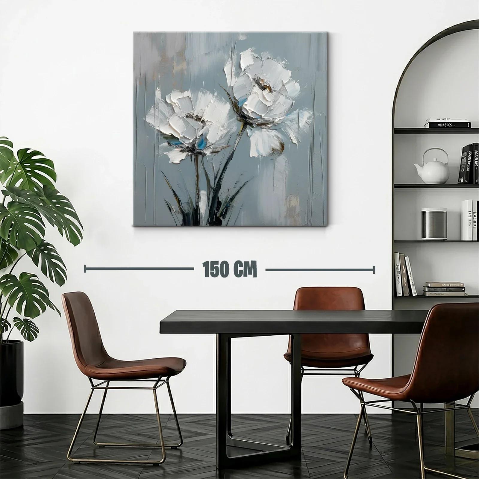 Cuadro moderno con flores blancas sobre fondo gris azulado — miniatura 2