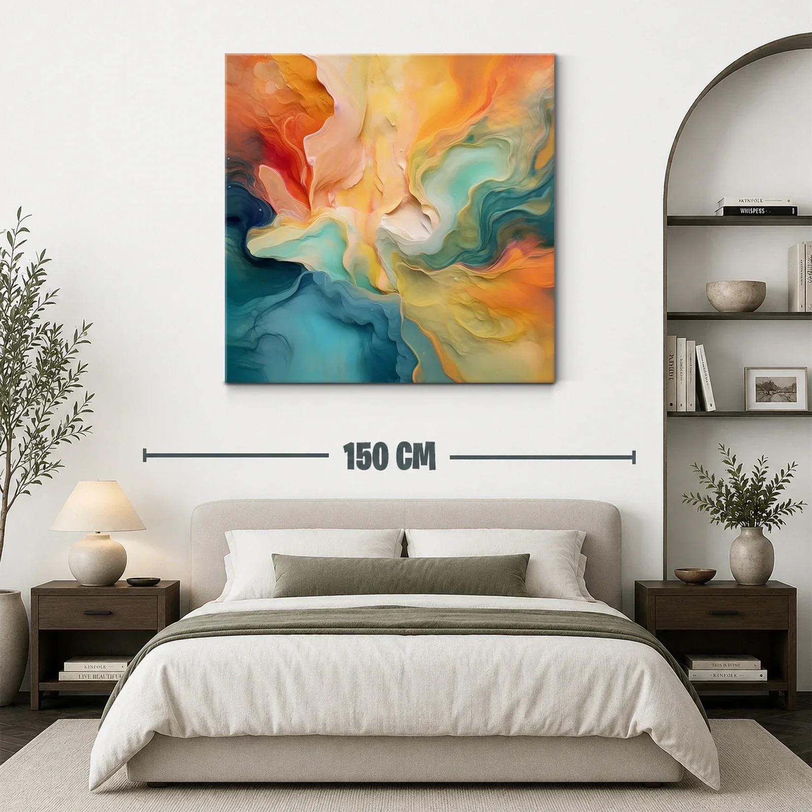 Cuadro abstracto en tonos cálidos y fríos con movimiento fluido — miniatura 3