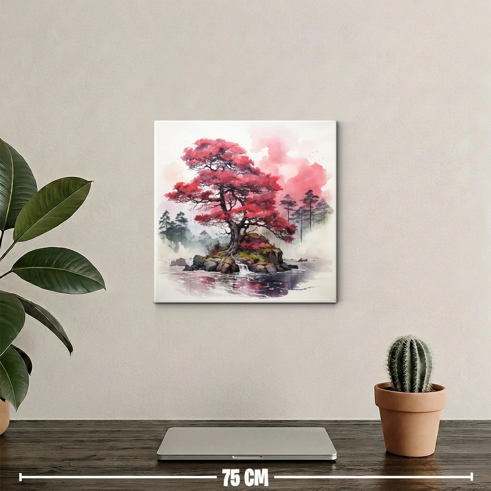 Árbol rojo sobre isla rocosa en lago sereno — miniatura 2