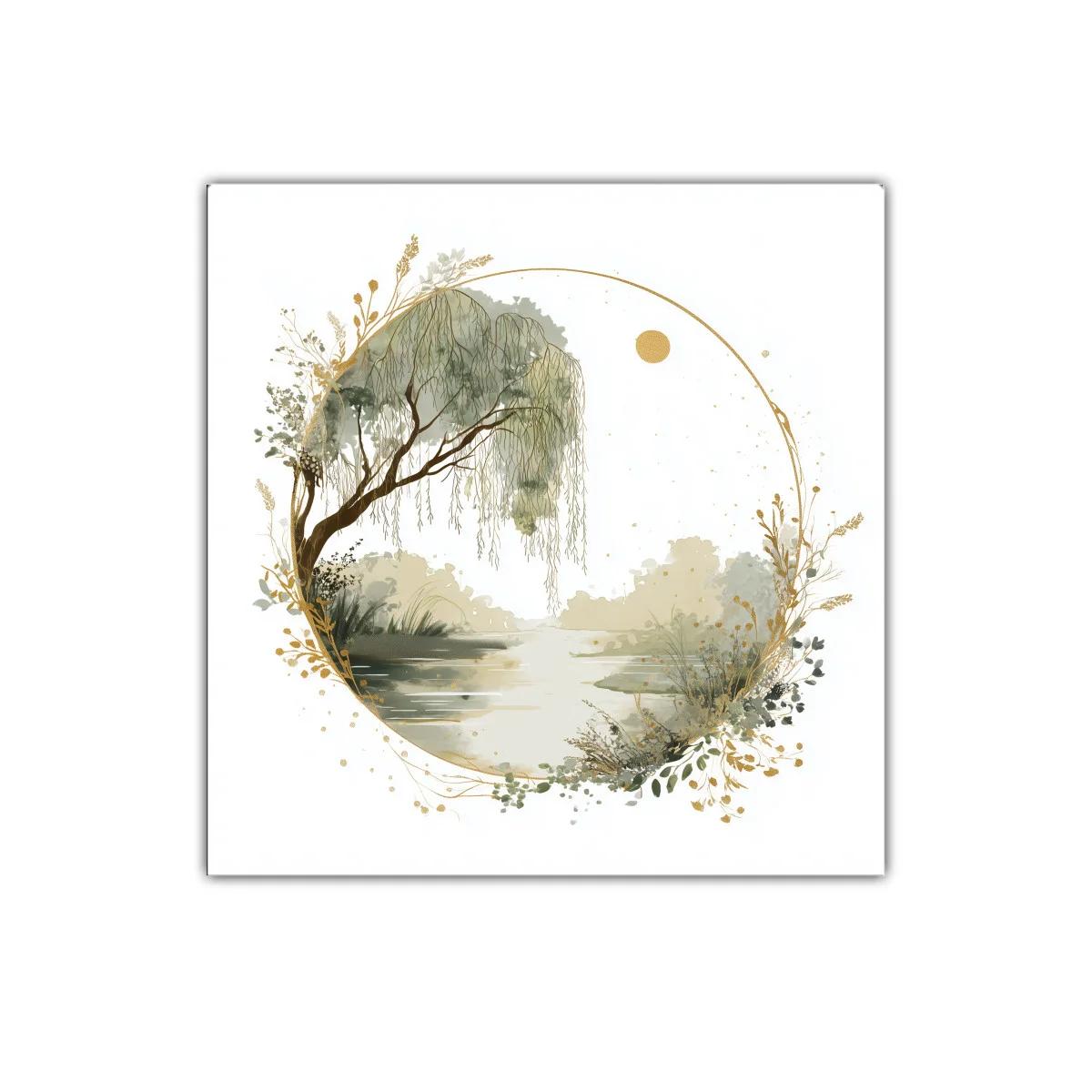 Cuadro paisaje sereno con sauce y detalles dorados — miniatura 1