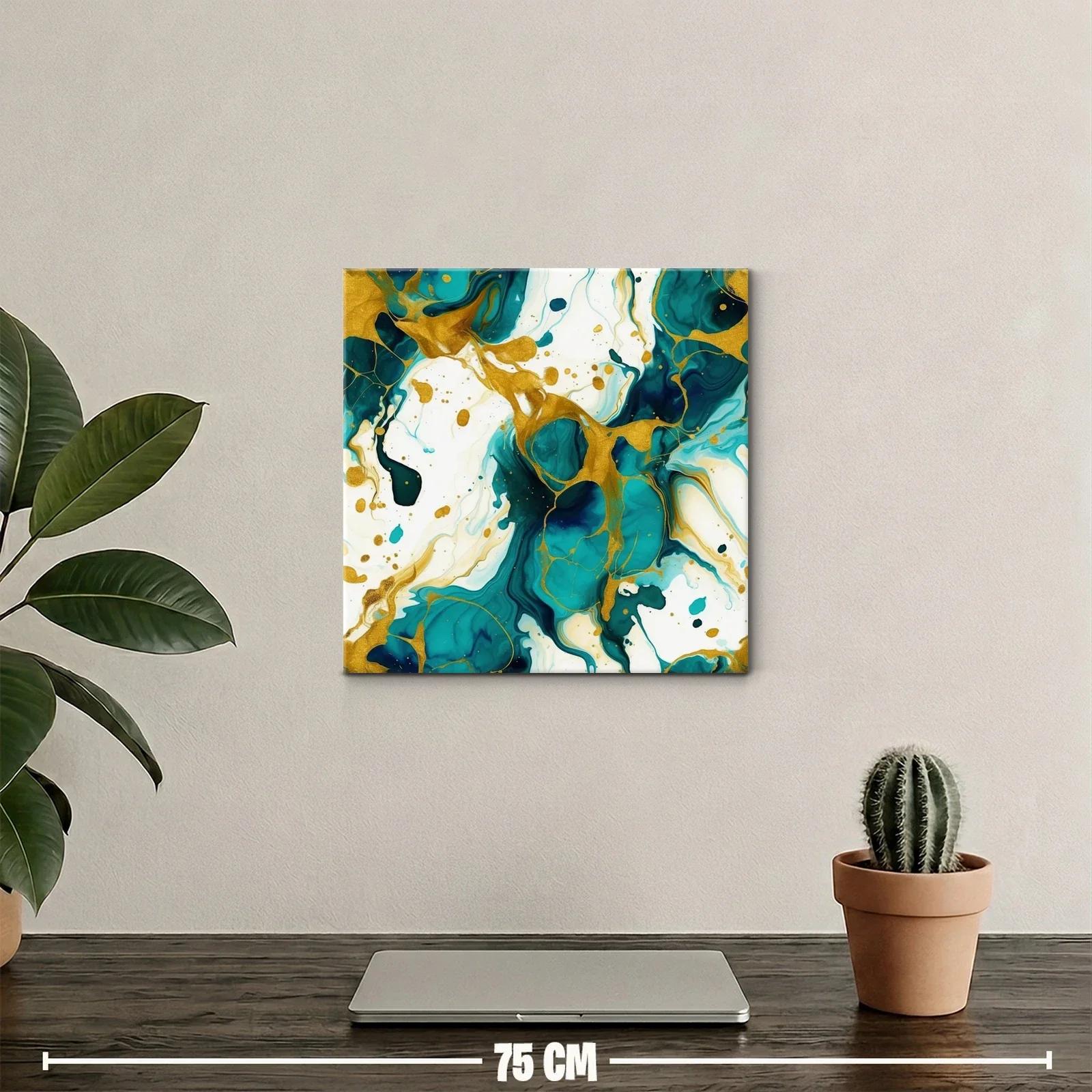 Cuadro abstracto con tonos turquesa y dorados vibrantes — miniatura 2