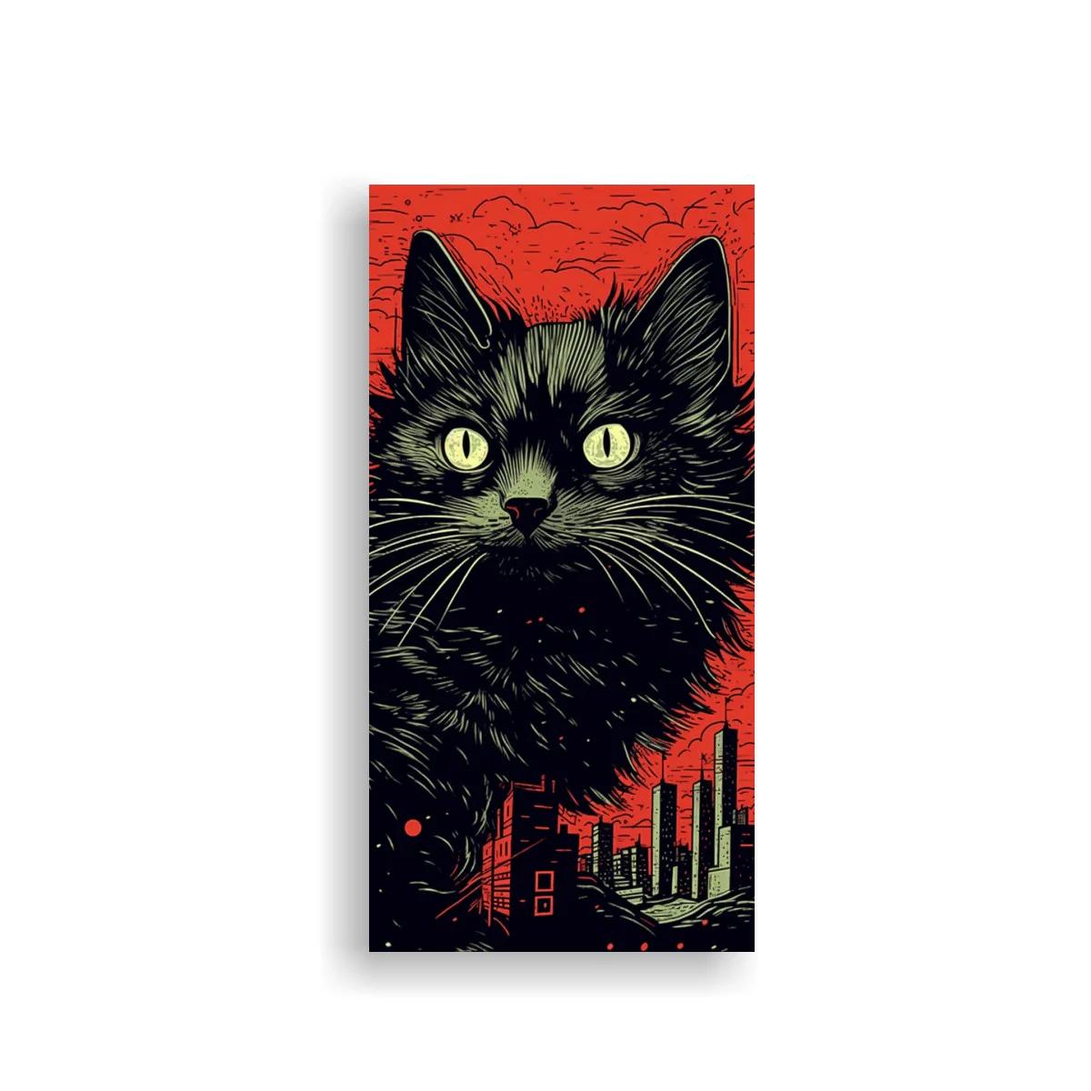 Cuadro gato negro de ojos amarillos sobre skyline urbano rojo — imagen principal