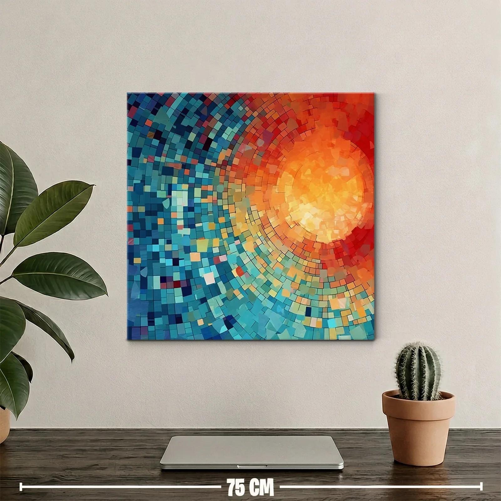 Cuadro abstracto con patrones circulares en tonos cálidos y fríos — miniatura 2