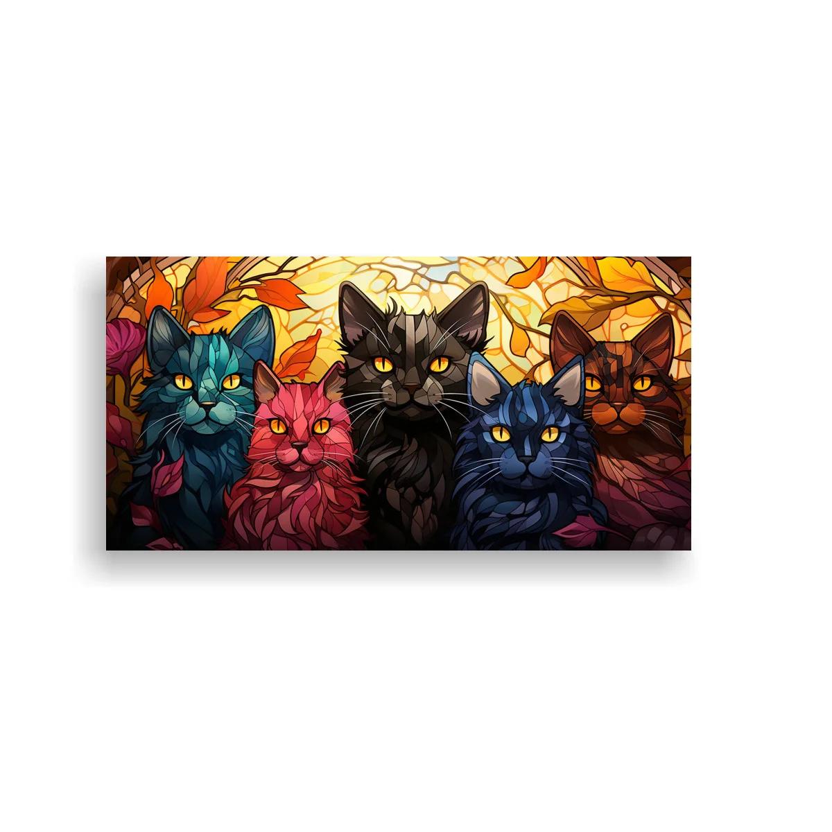 Cuadro grupo de gatos entre hojas otoñales