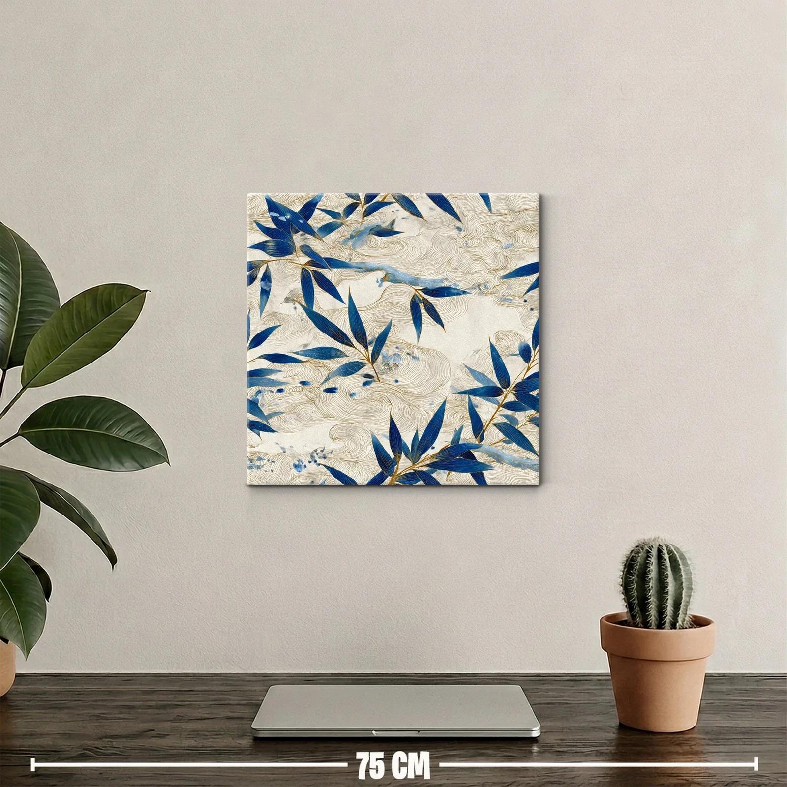 Cuadro con hojas azules y trazos dorados sobre fondo beige — miniatura 2