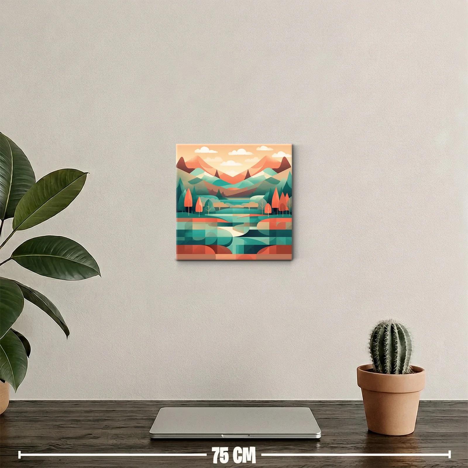 Paisaje geométrico con montañas y árboles en tonos cálidos — miniatura 2