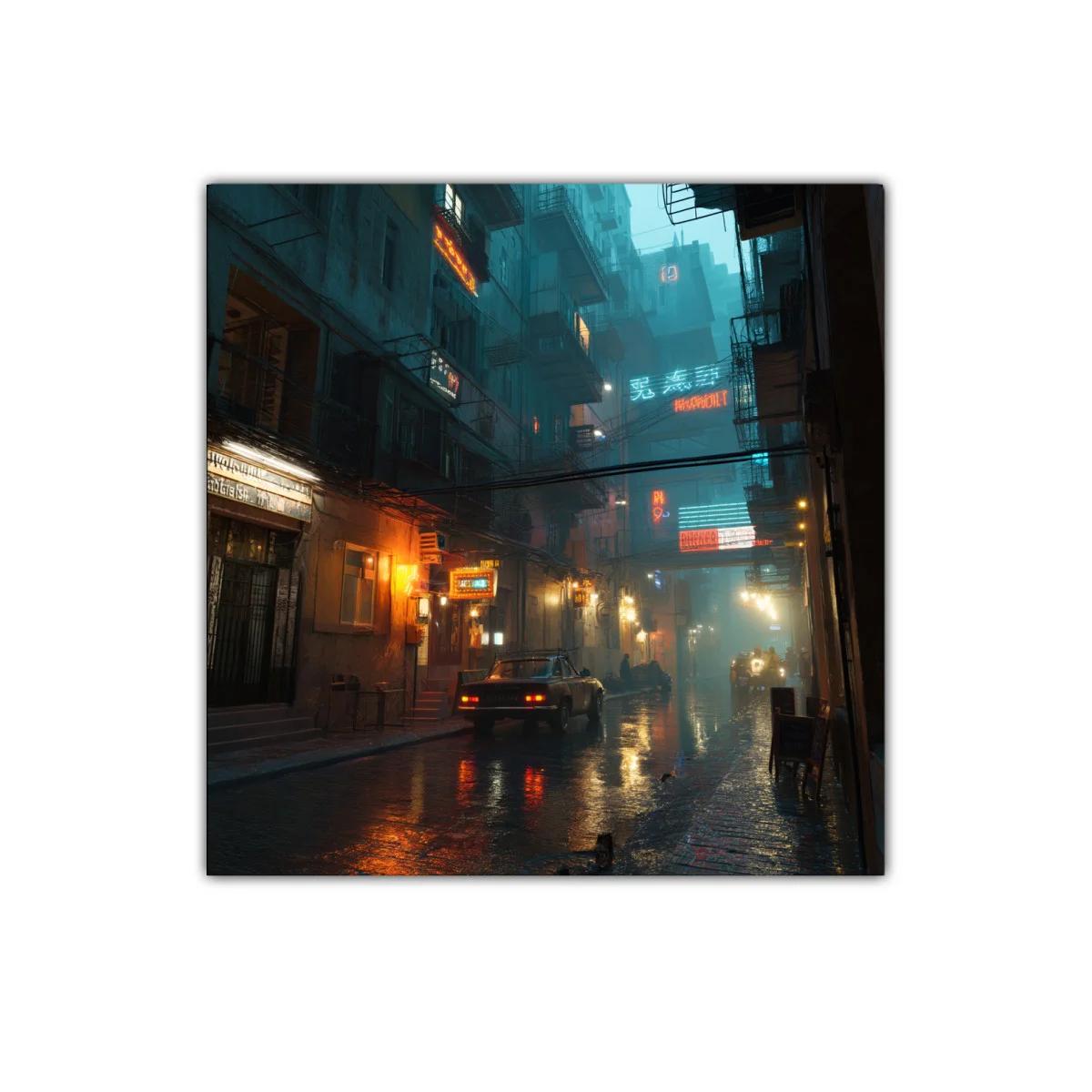 Atardecer urbano con luces de neón en calle lluviosa — miniatura 1