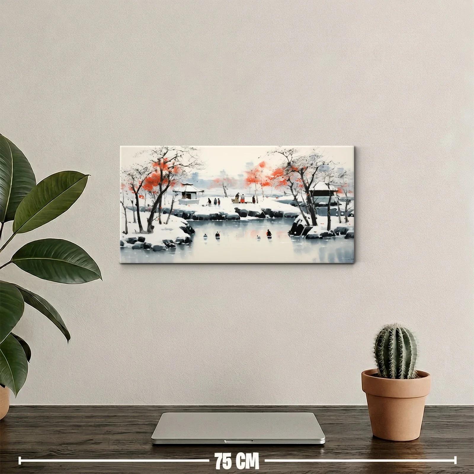 Cuadro paisaje invernal con árboles rojos y casas tradicionales — miniatura 2