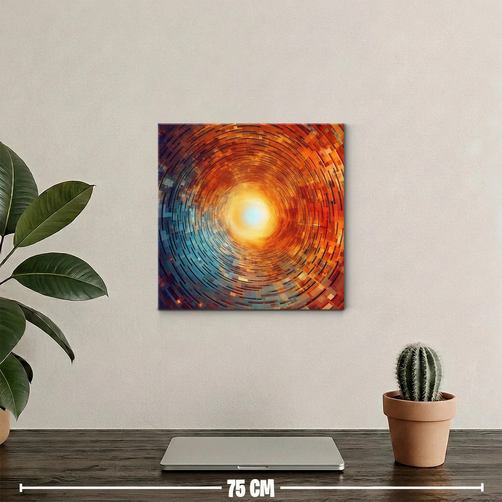 Cuadro abstracto con espiral radiante en tonos cálidos y fríos — miniatura 2