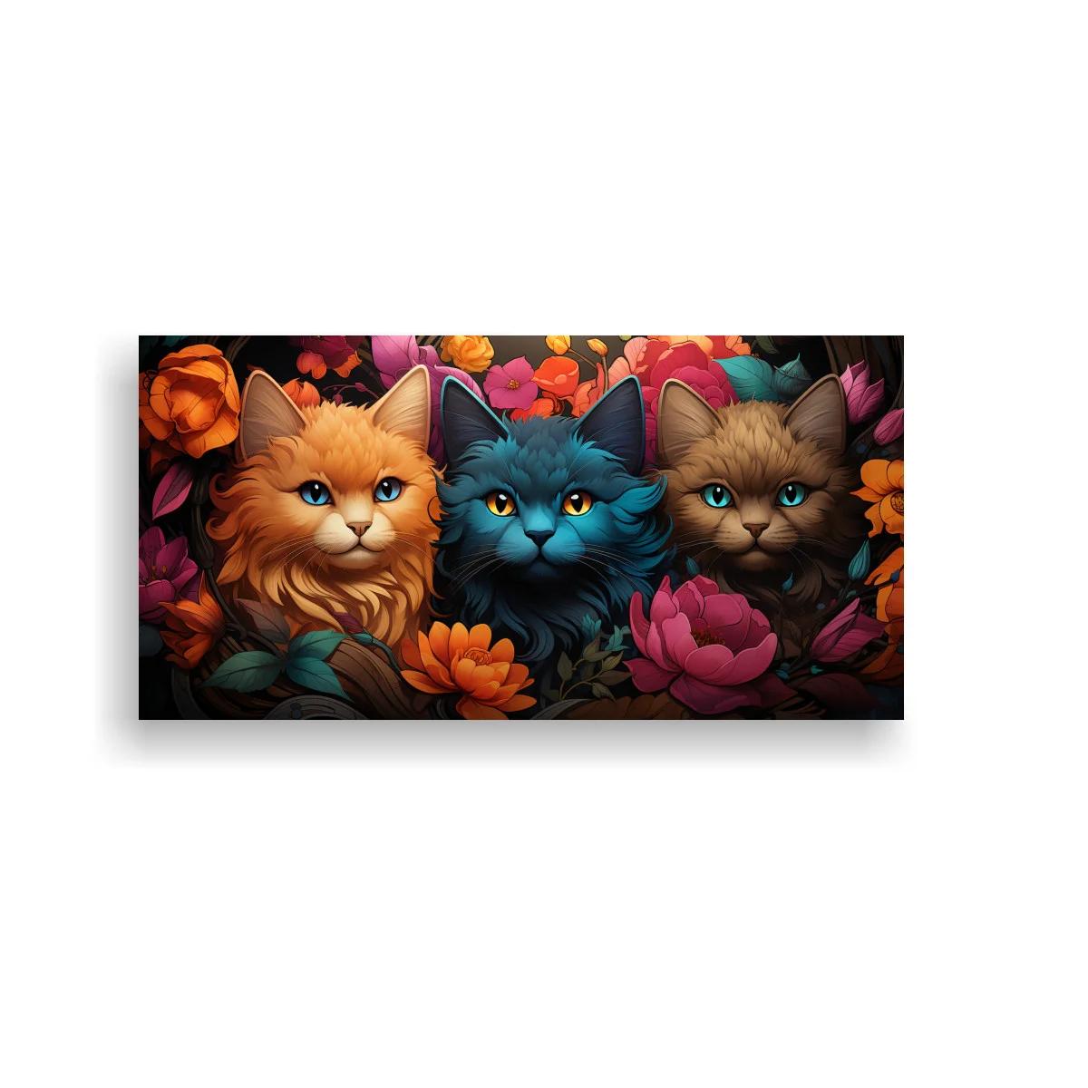 Cuadro tres gatos de pelo largo entre flores coral