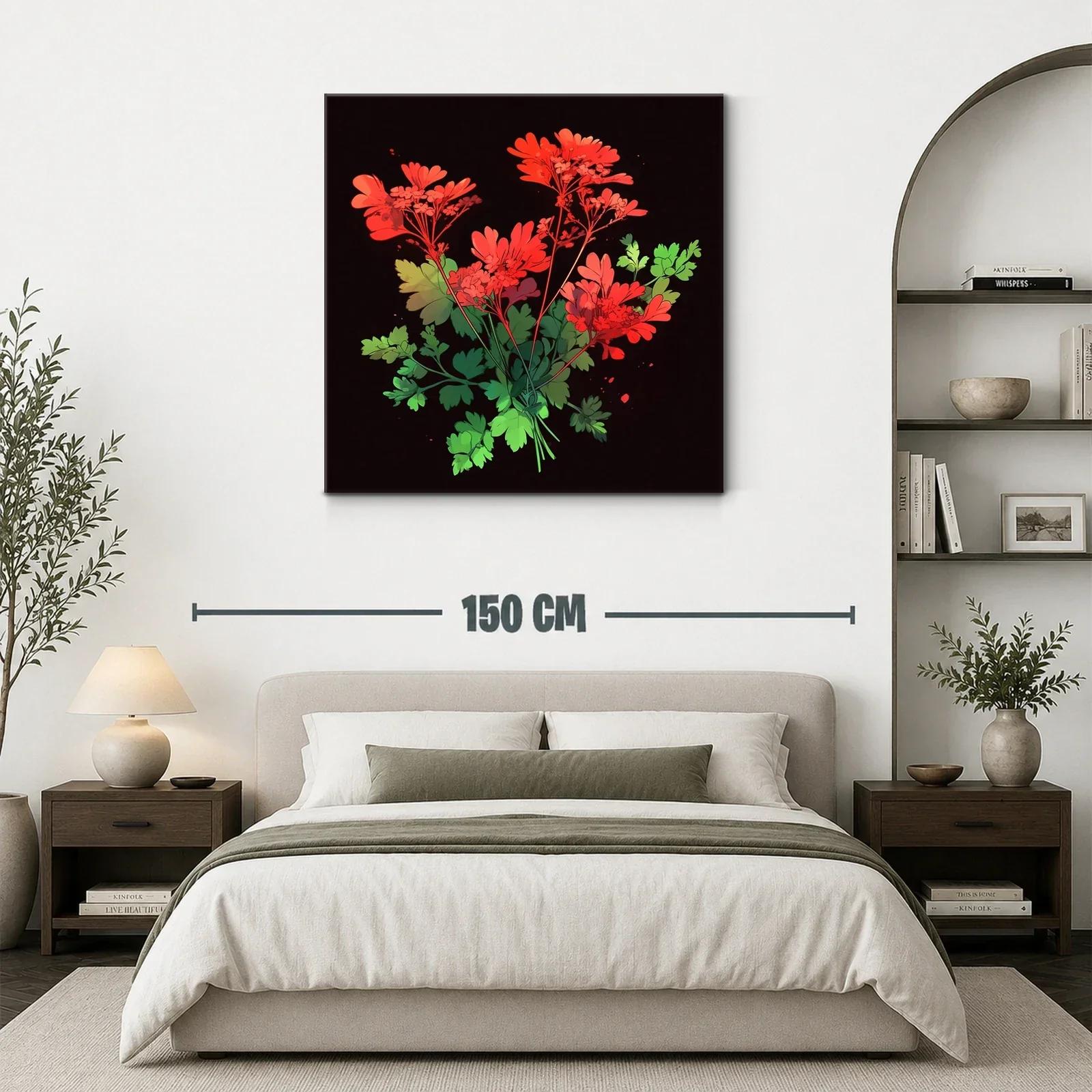 Ramo vibrante de flores rojas y hojas verdes sobre fondo oscuro — miniatura 3