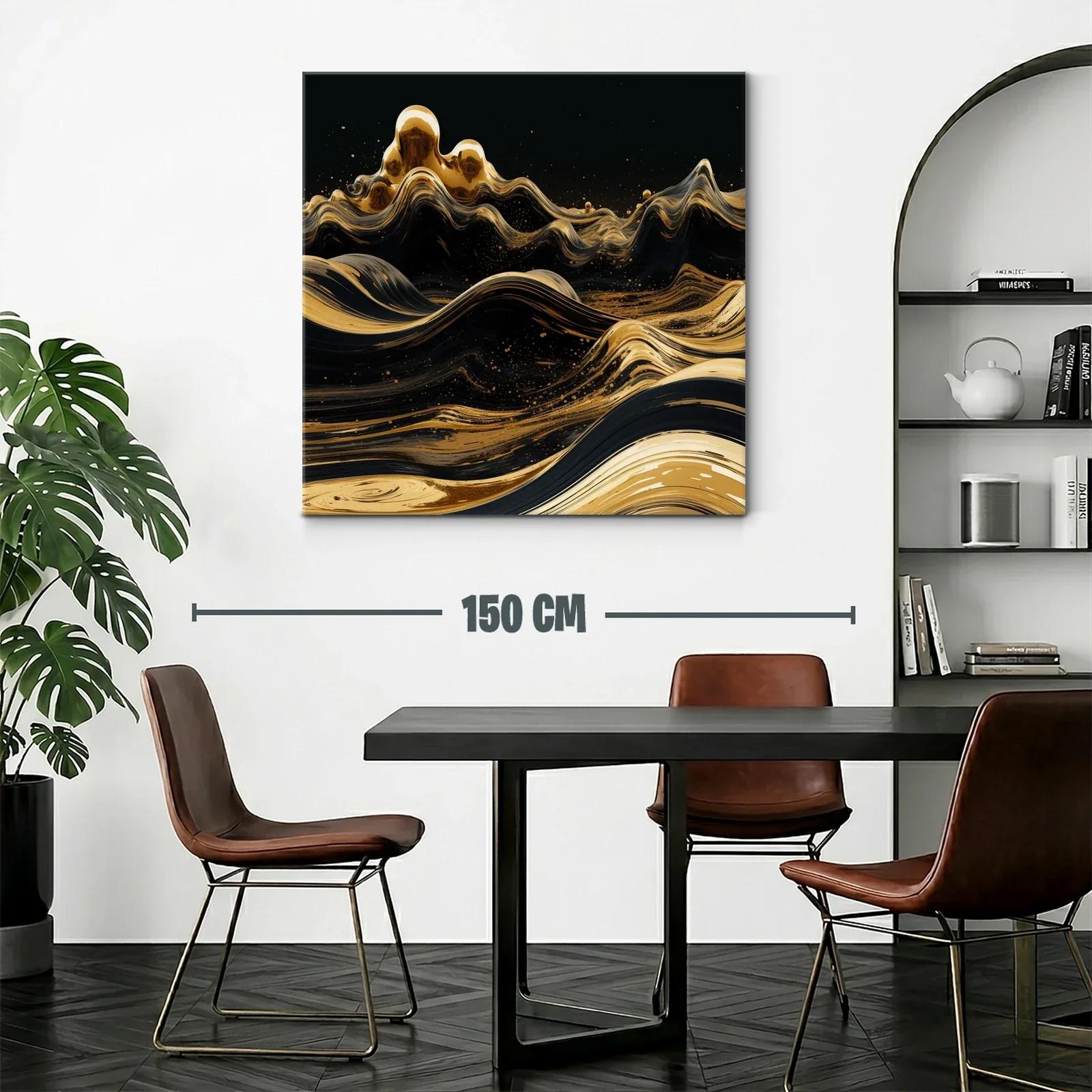 Cuadro abstracto con olas doradas sobre fondo negro — miniatura 2