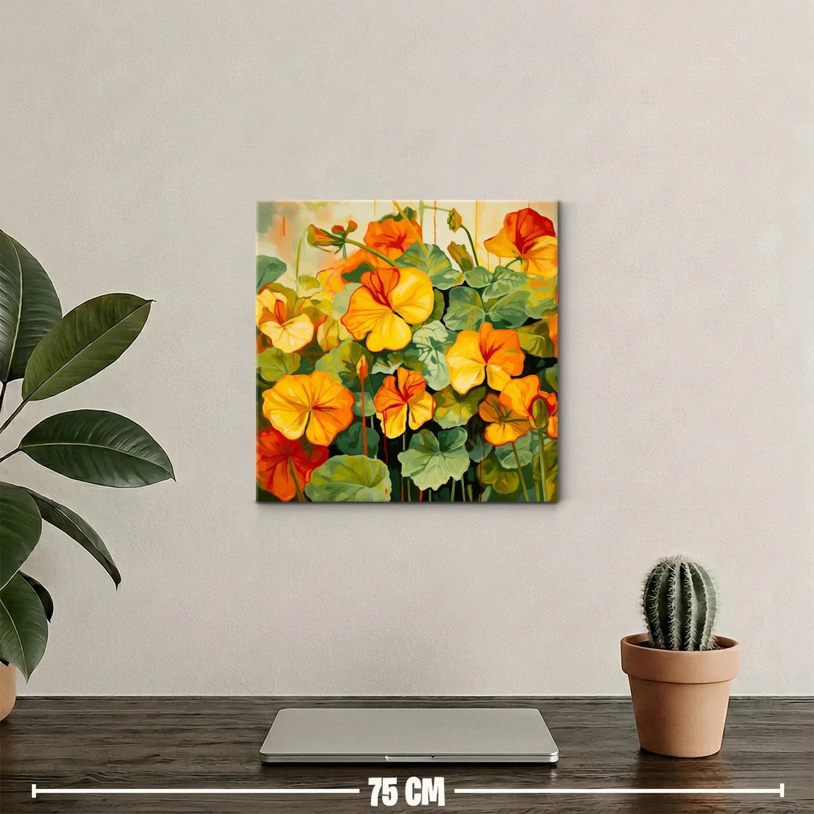 Cuadro vibrante con flores en tonos cálidos y hojas verdes — miniatura 2