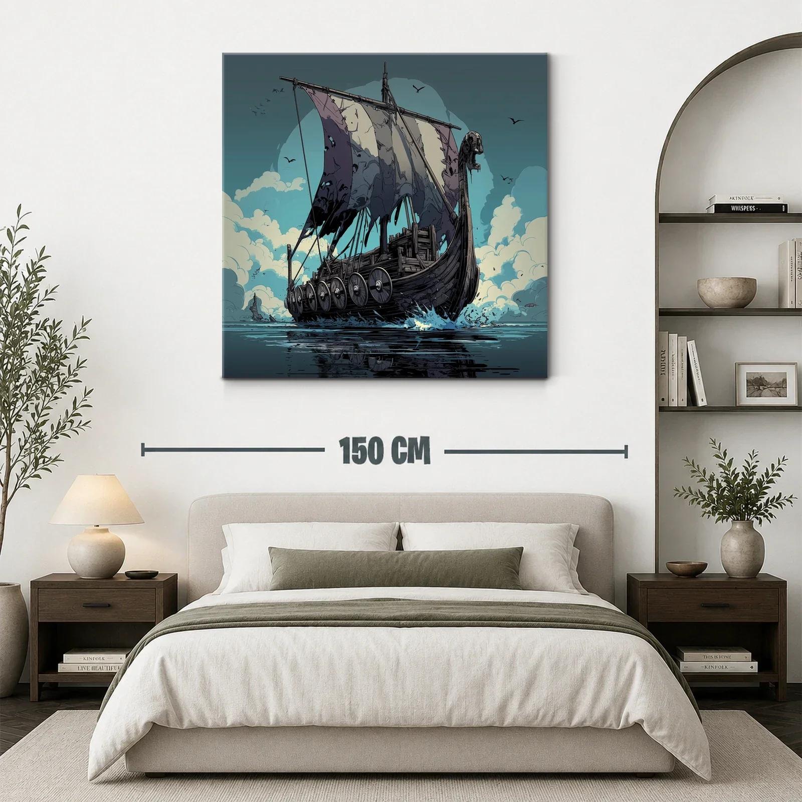 Barco Vikingo surcando el mar con velas desgastadas — miniatura 3