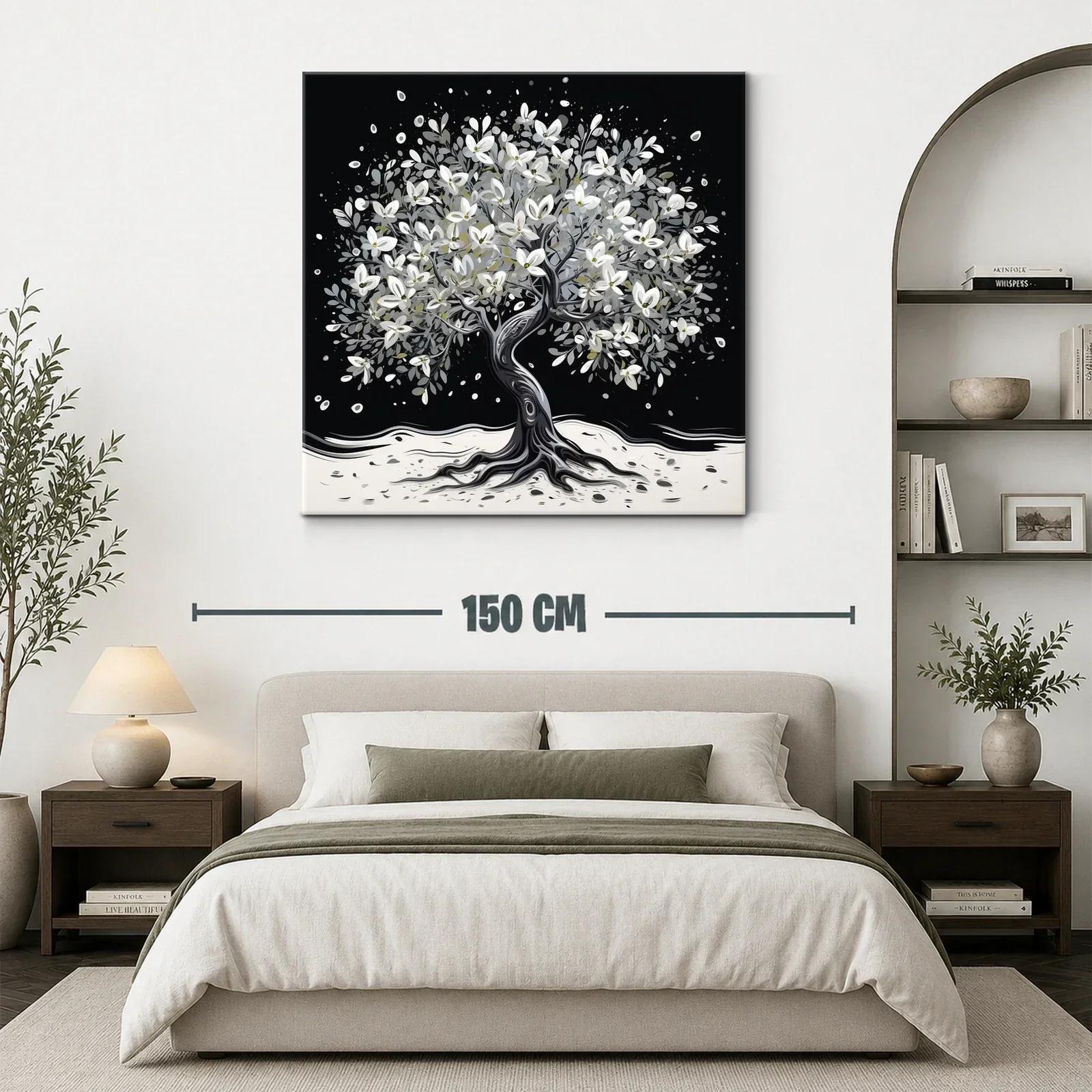 Árbol florecido en tonos blancos y grises sobre fondo oscuro — miniatura 3