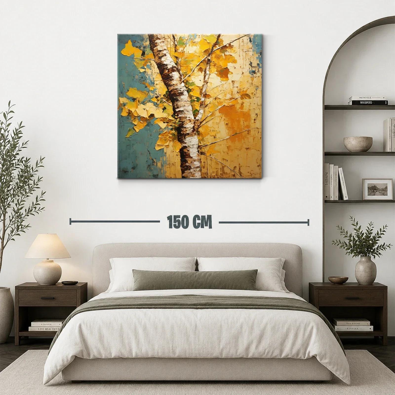 Árbol otoñal con hojas doradas y fondo azul y amarillo — miniatura 3