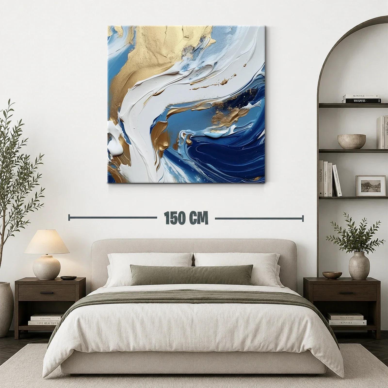 Cuadro abstracto con tonos dorados y azules en movimiento — miniatura 3