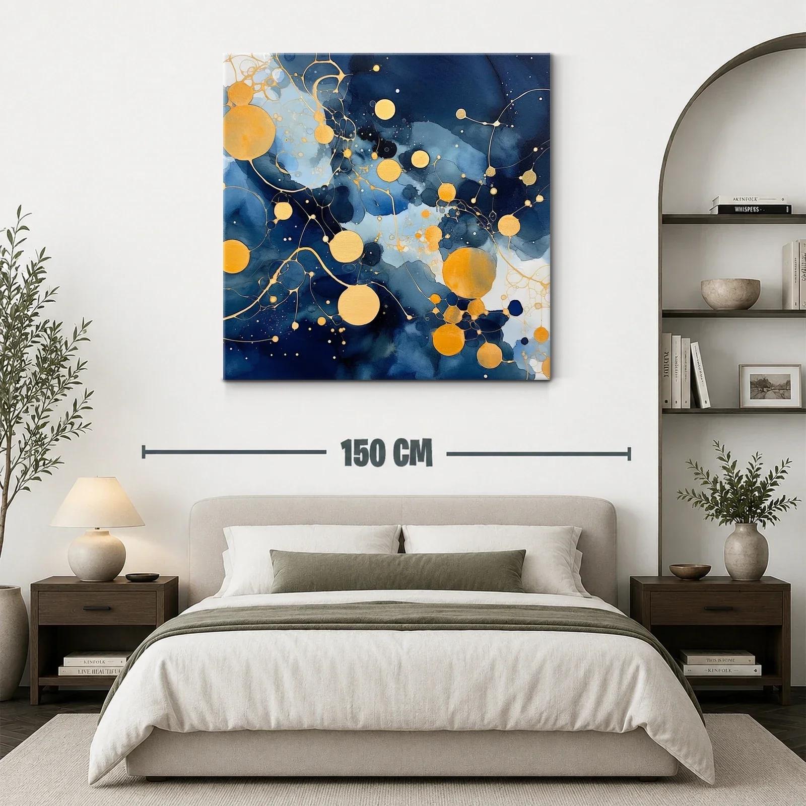 Cuadro abstracto con círculos dorados sobre fondo azul marino — miniatura 3