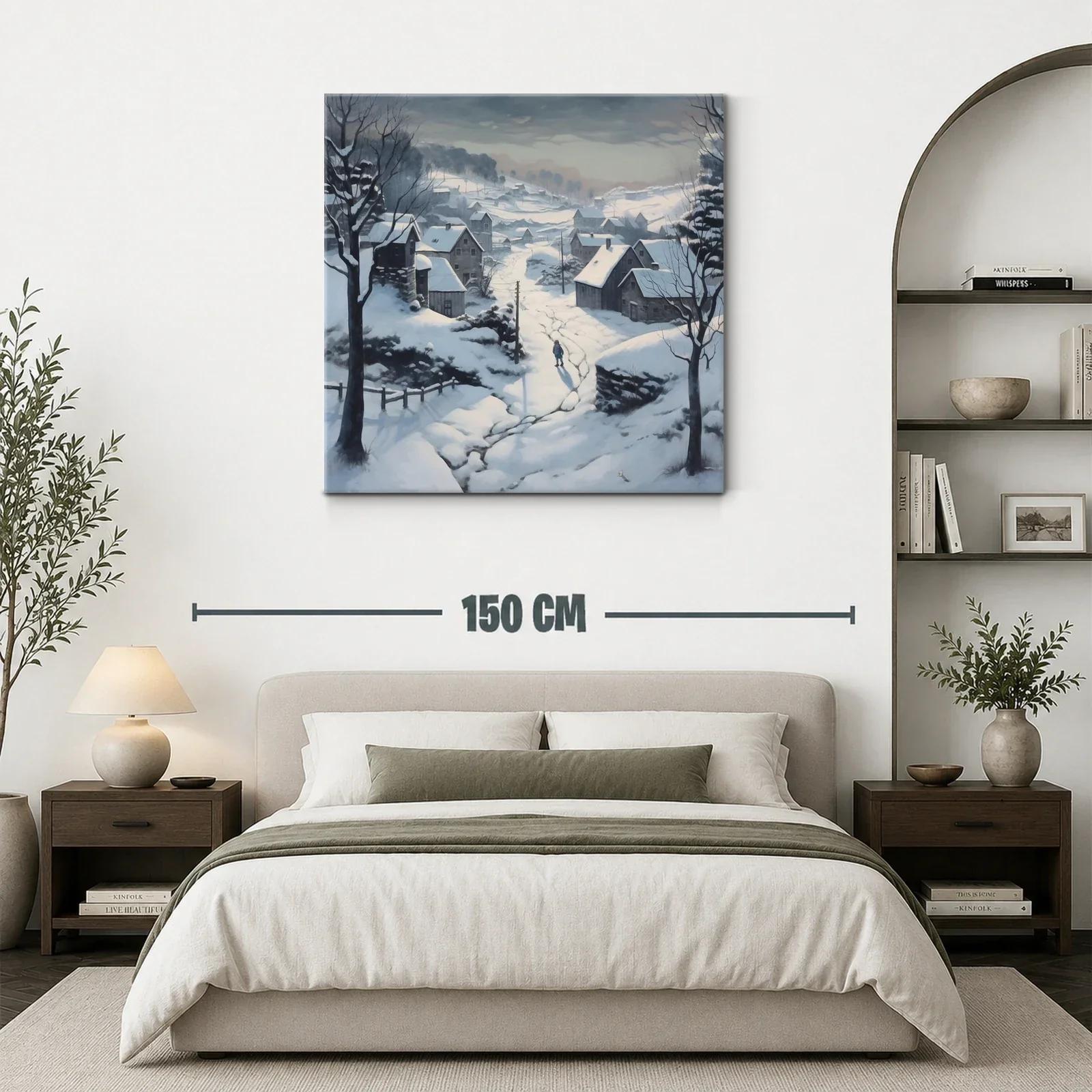 Paisaje nevado con aldea y silueta solitaria en invierno — miniatura 3