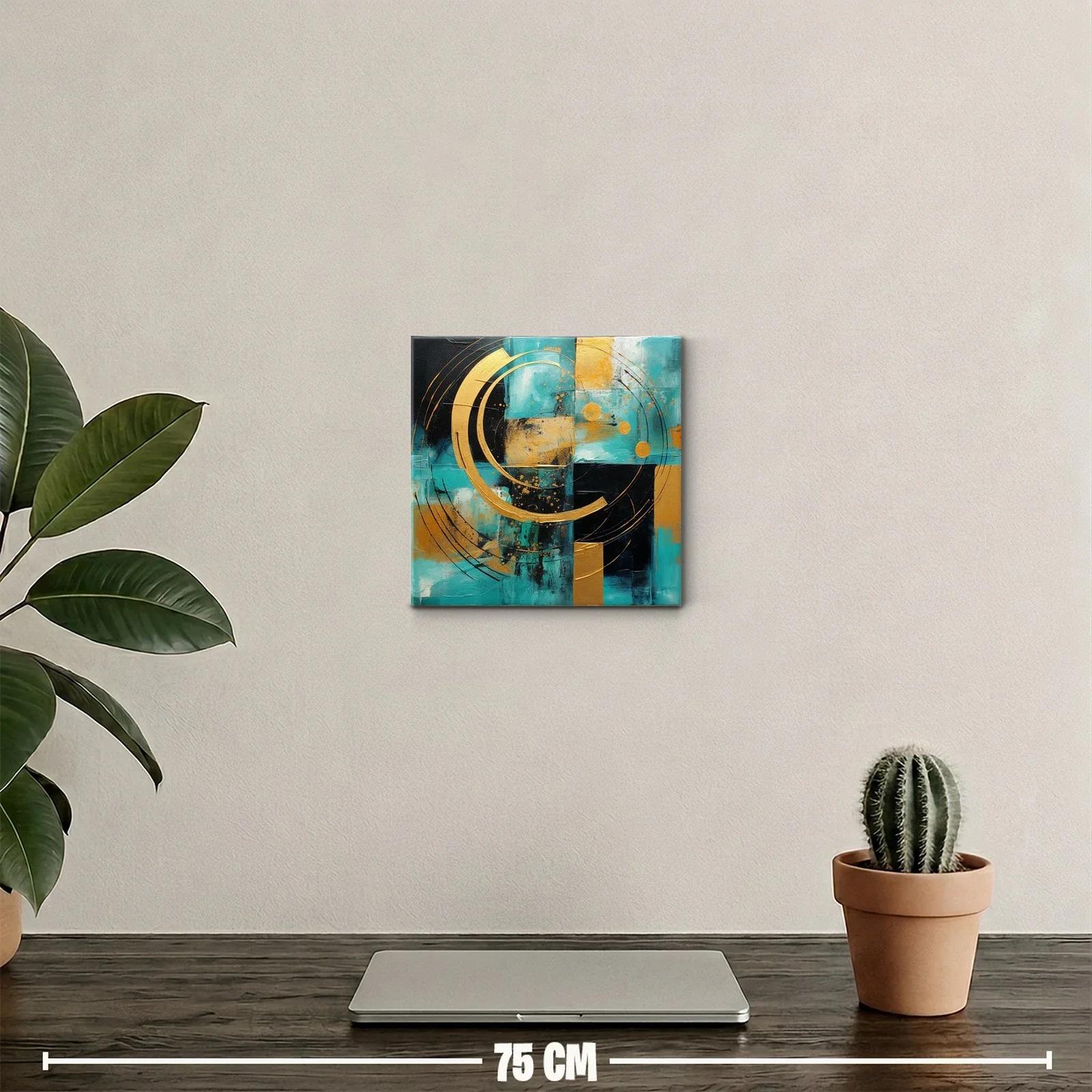 Cuadro abstracto con círculos dorados sobre fondo turquesa y negro — miniatura 2