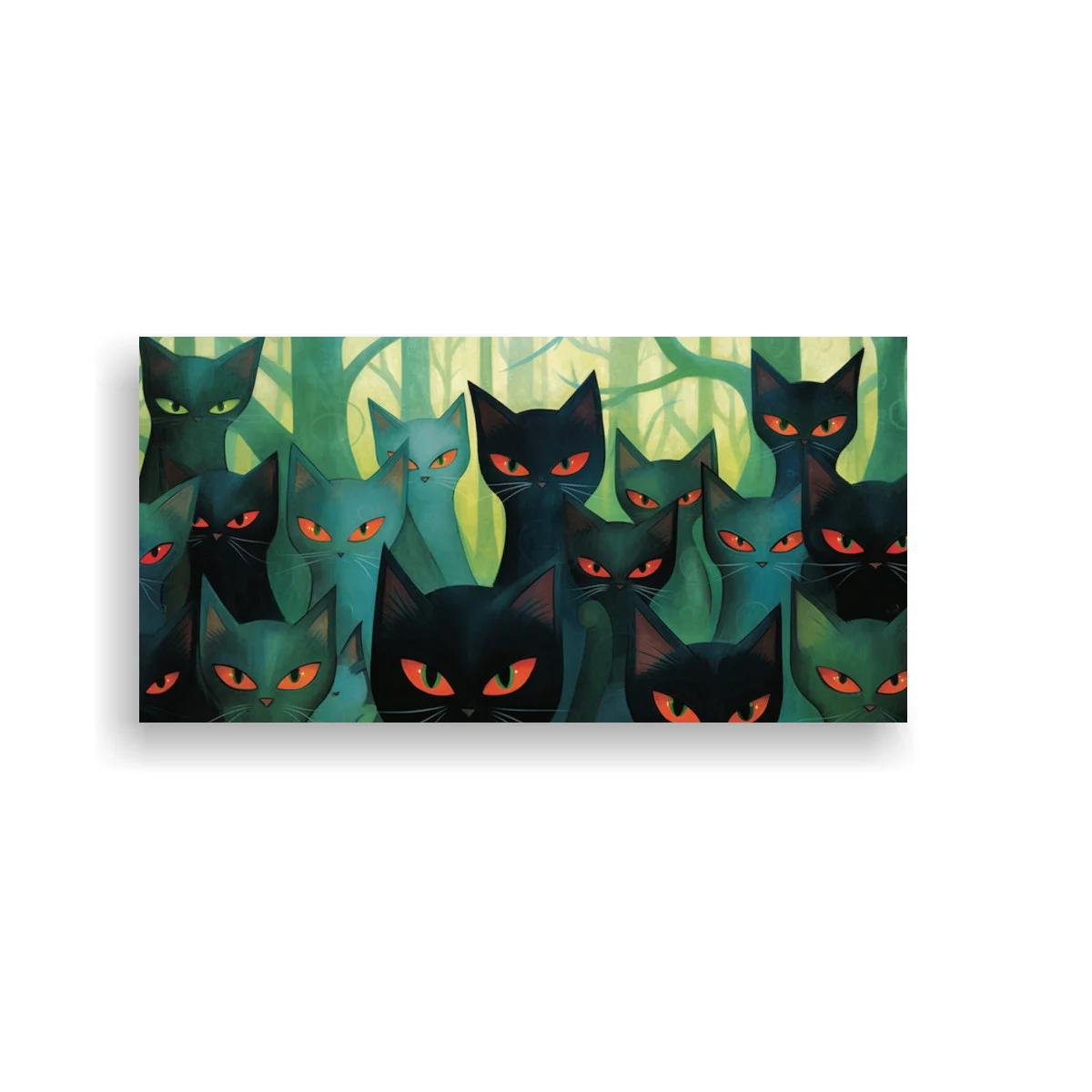 Cuadro grupo de gatos negros de ojos naranjas en bosque