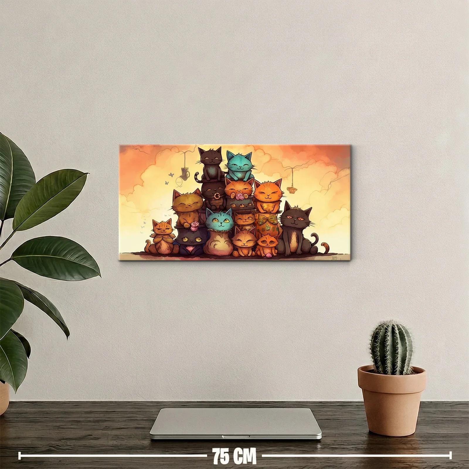 Cuadro grupo de gatos caricaturescos con pez colgante — miniatura 2
